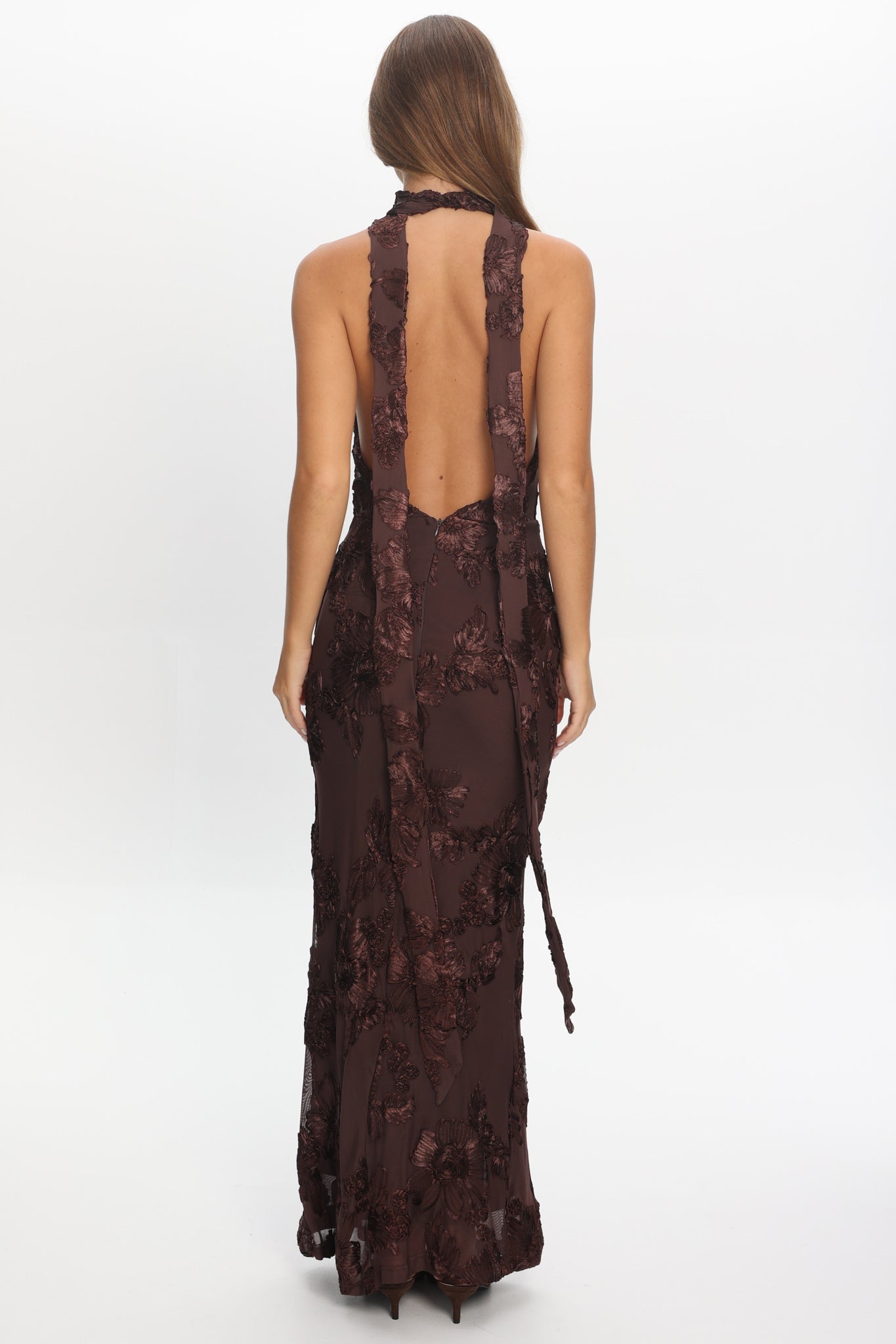 Cipriana Backless Halter Maxi Dress Embellished Brown