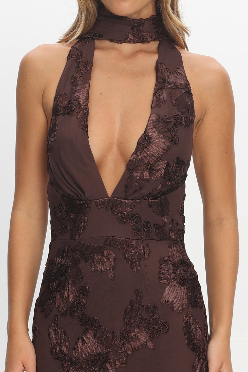 Cipriana Backless Halter Maxi Dress Embellished Brown
