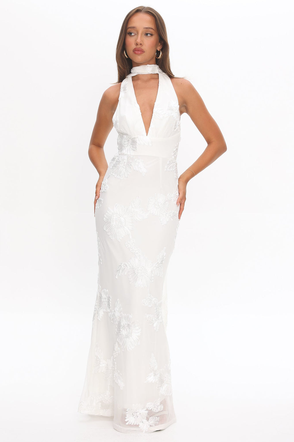 Cipriana Backless Halter Maxi Dress Embellished Floral White