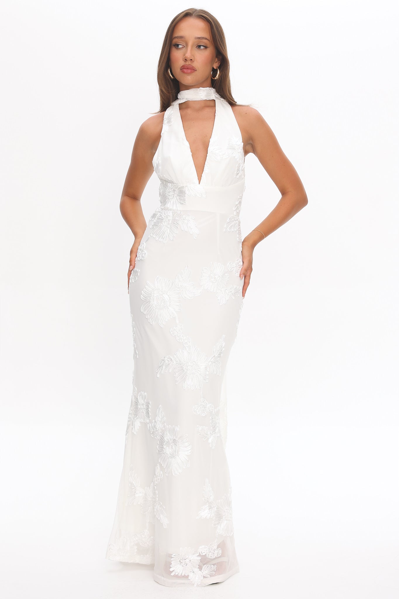 Cipriana Backless Halter Maxi Dress Embellished Floral White