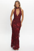 Cipriana Backless Halter Maxi Dress Embellished Wine
