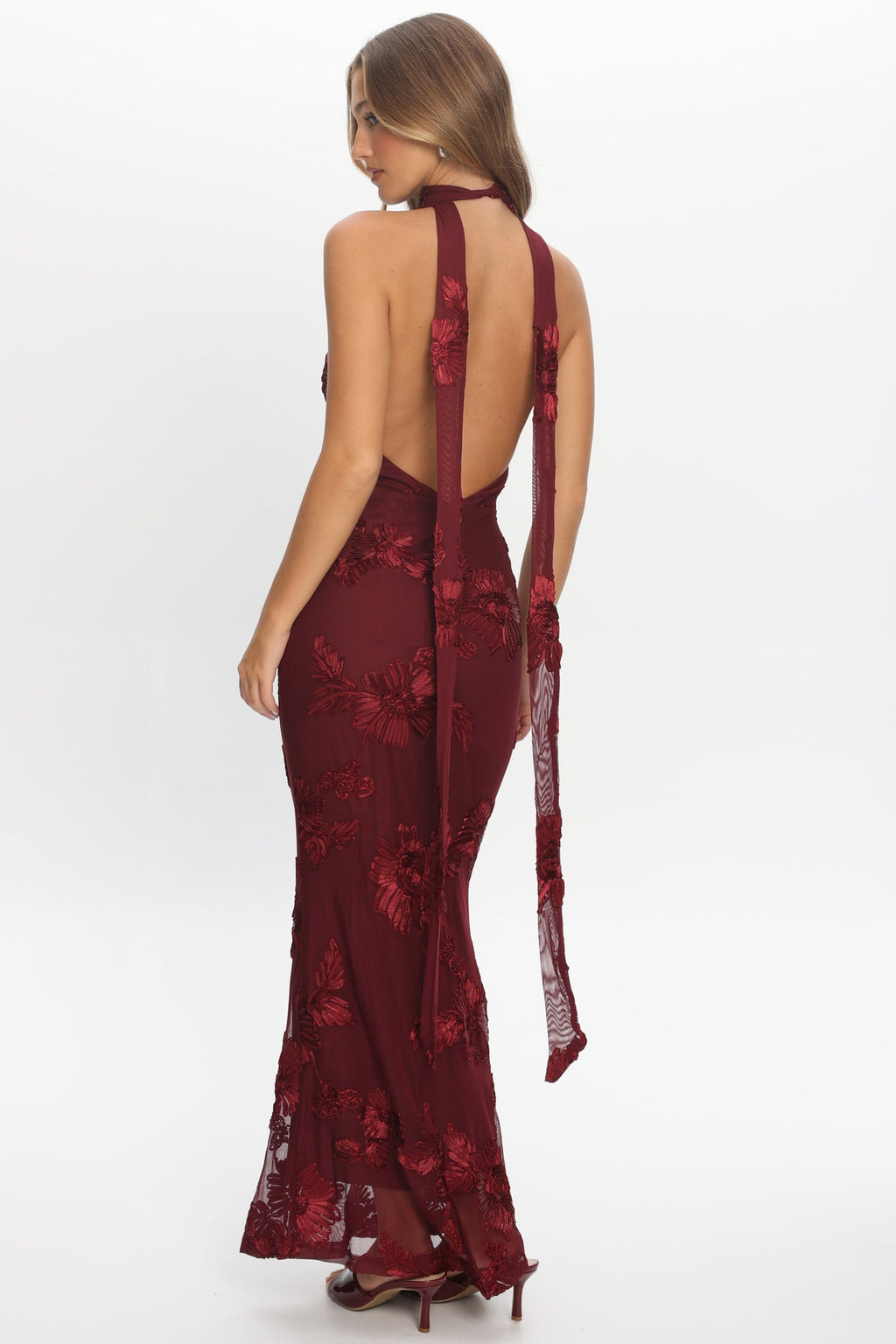 Cipriana Backless Halter Maxi Dress Embellished Wine
