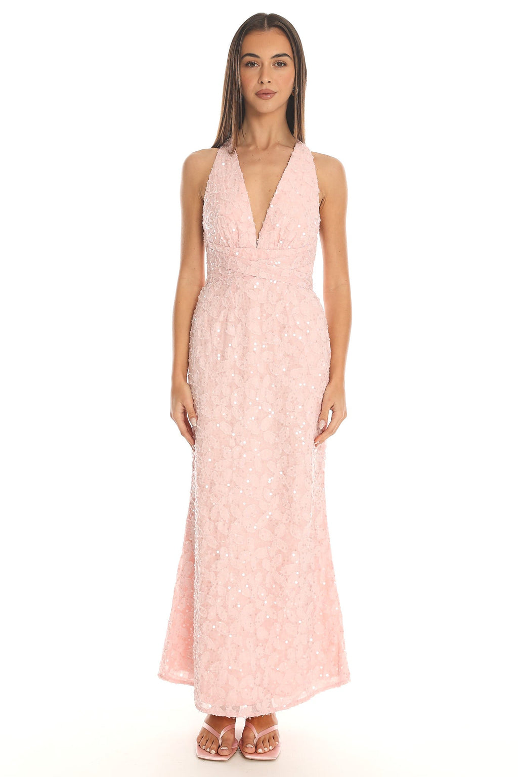 Ruelle Backless Halter Maxi Dress Sequin Blush
