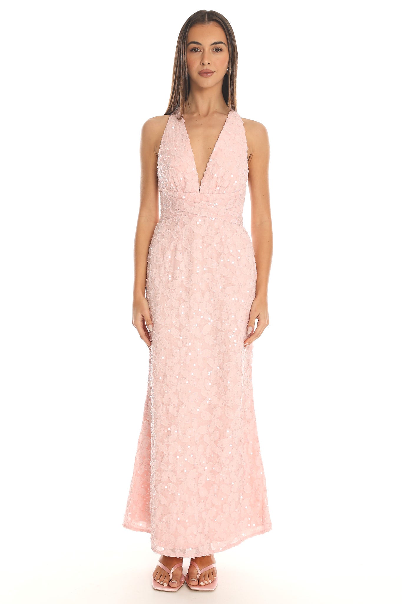 Ruelle Backless Halter Maxi Dress Sequin Blush