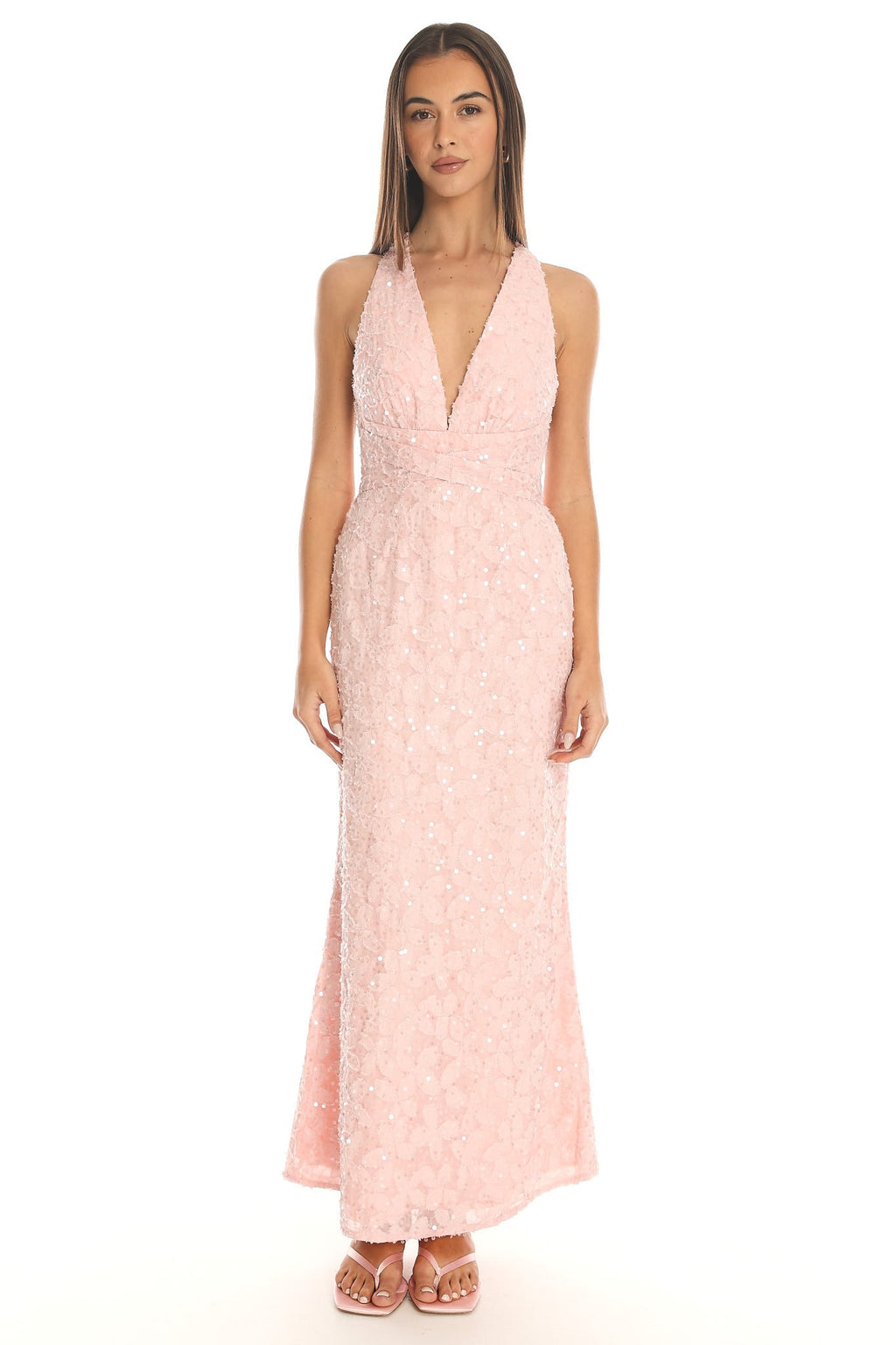 Ruelle Backless Halter Maxi Dress Sequin Blush