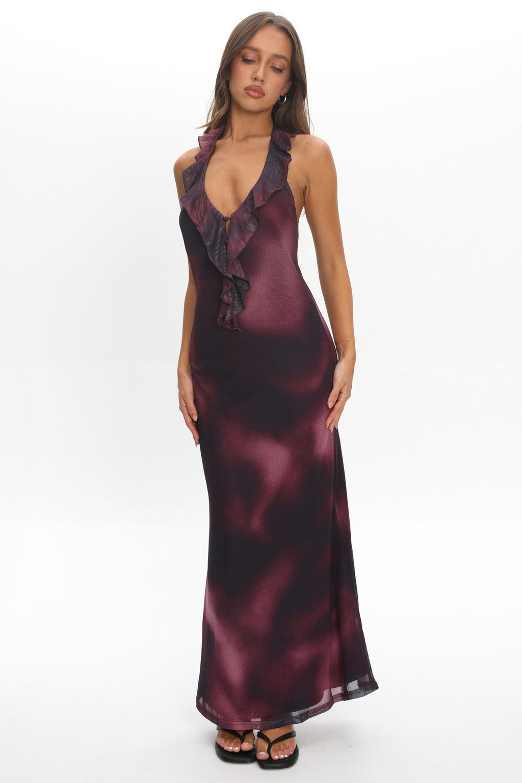 Live Loud Ruffle Halterneck Maxi Dress Print Brown