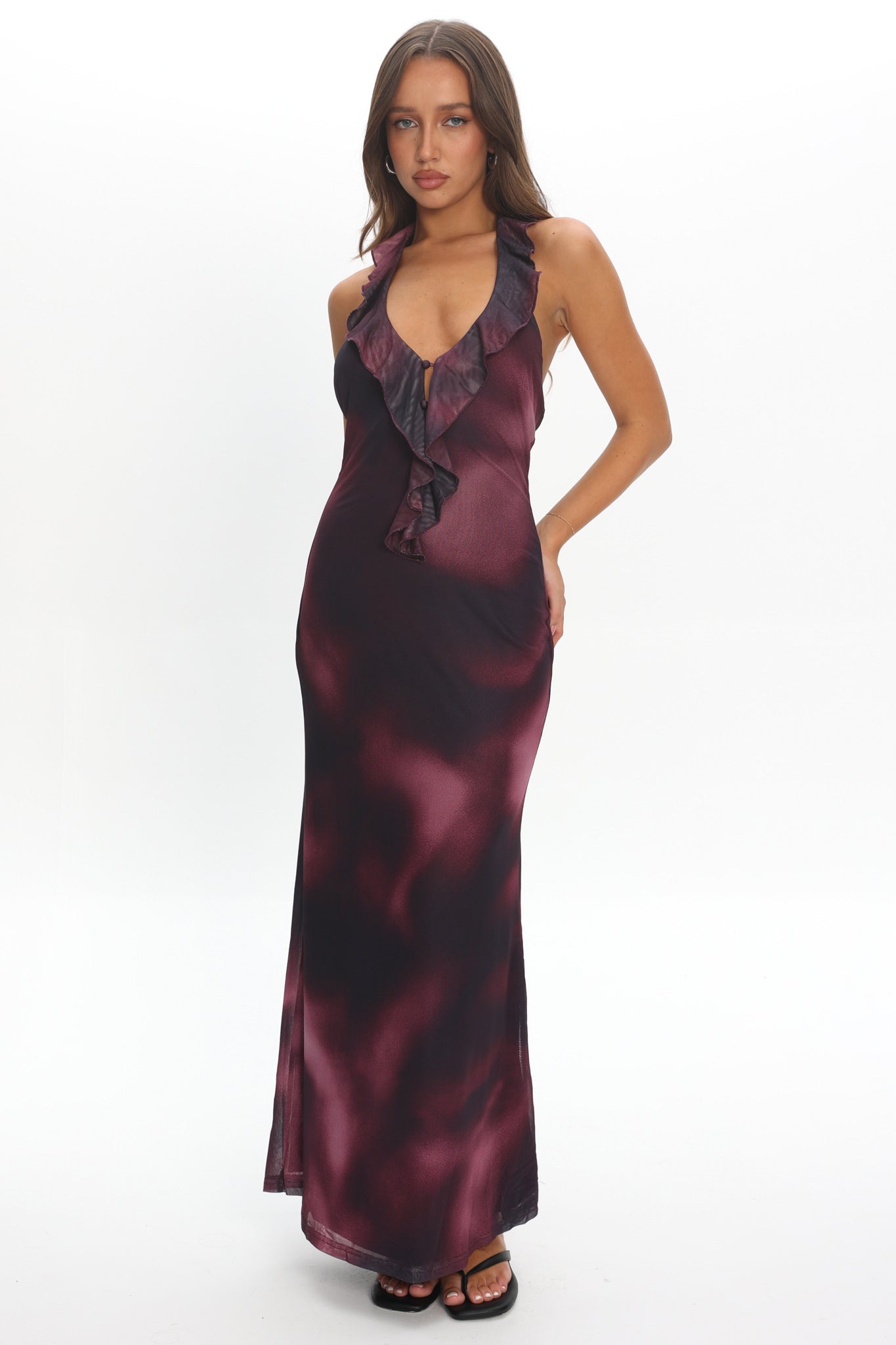 Live Loud Ruffle Halterneck Maxi Dress Print Brown