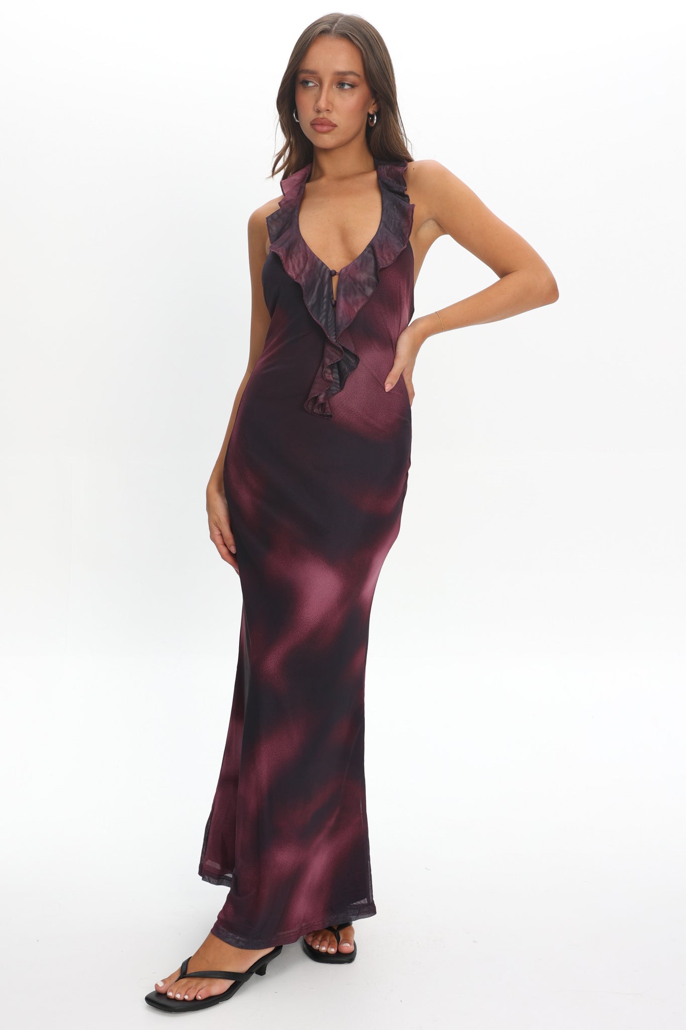 Live Loud Ruffle Halterneck Maxi Dress Print Brown