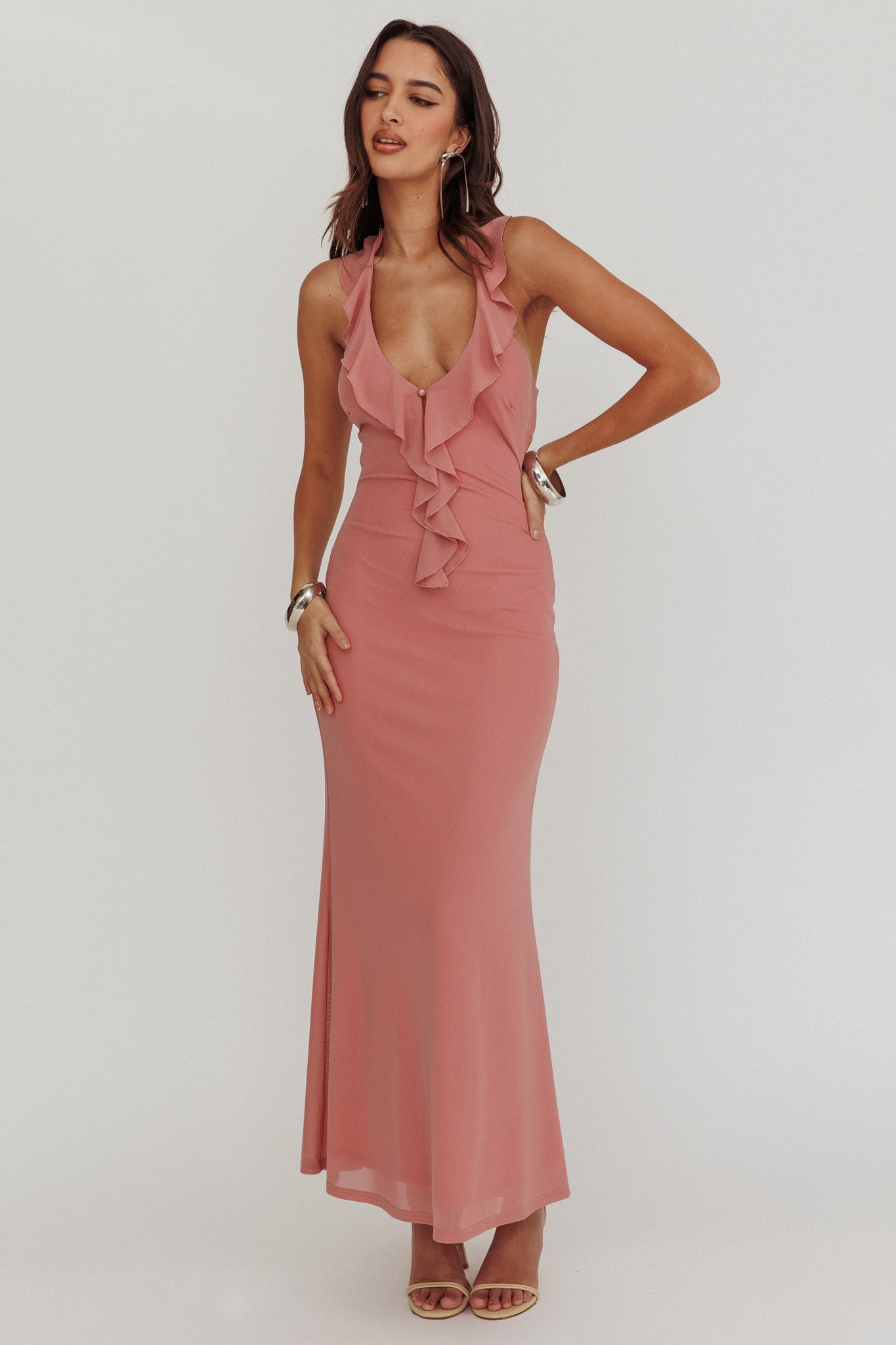 Live Loud Ruffle Halterneck Maxi Dress Rose