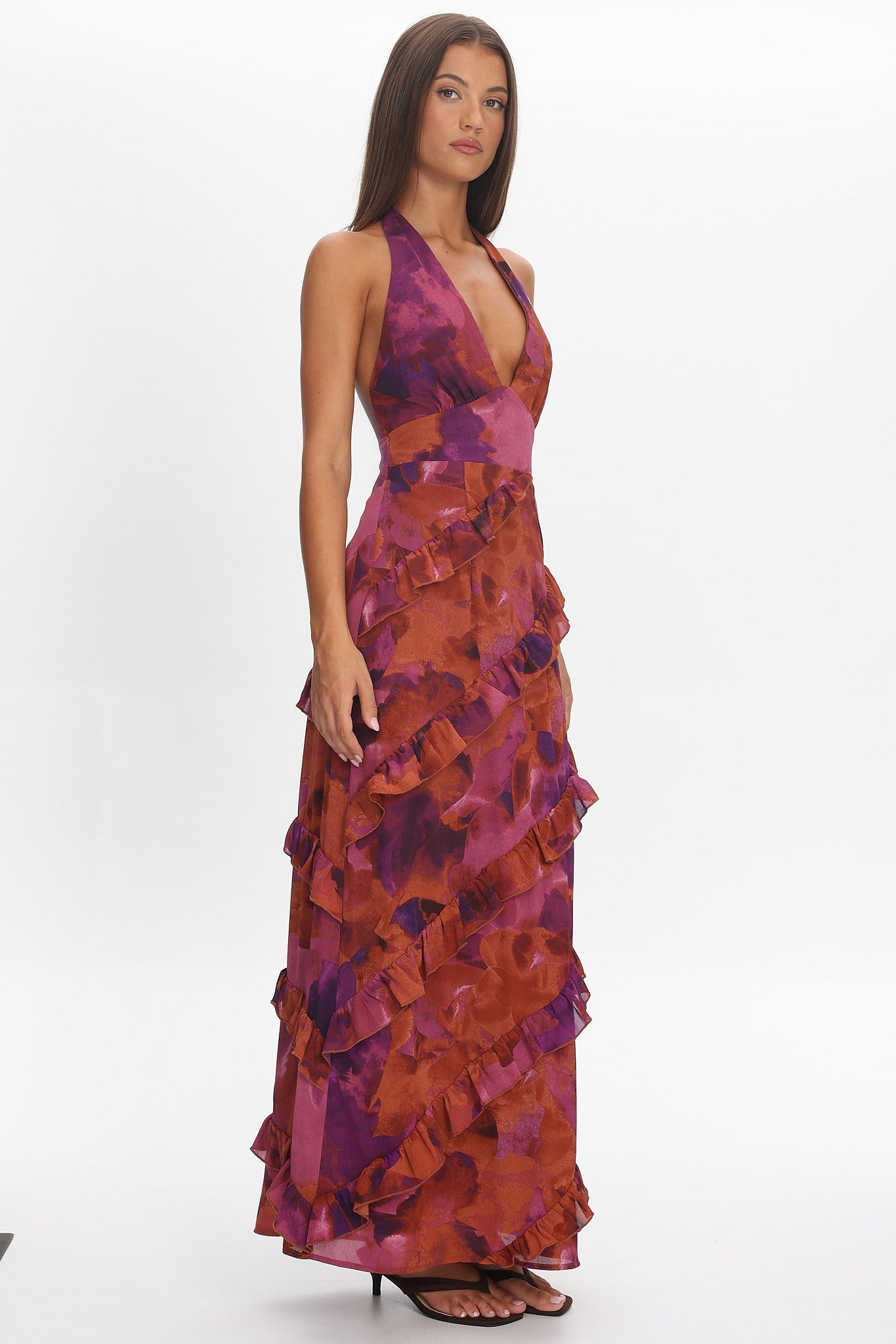 Flirt Frill Trim Halter Maxi Dress Dark Rose