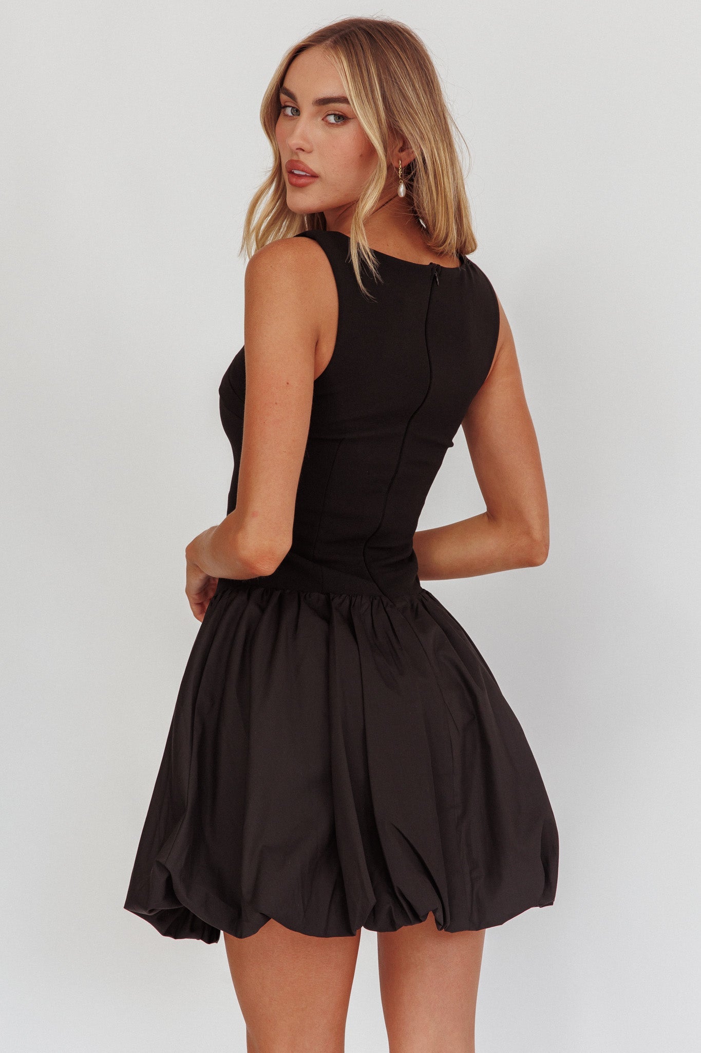 Like Art Square Neck Bubble Mini Dress Black