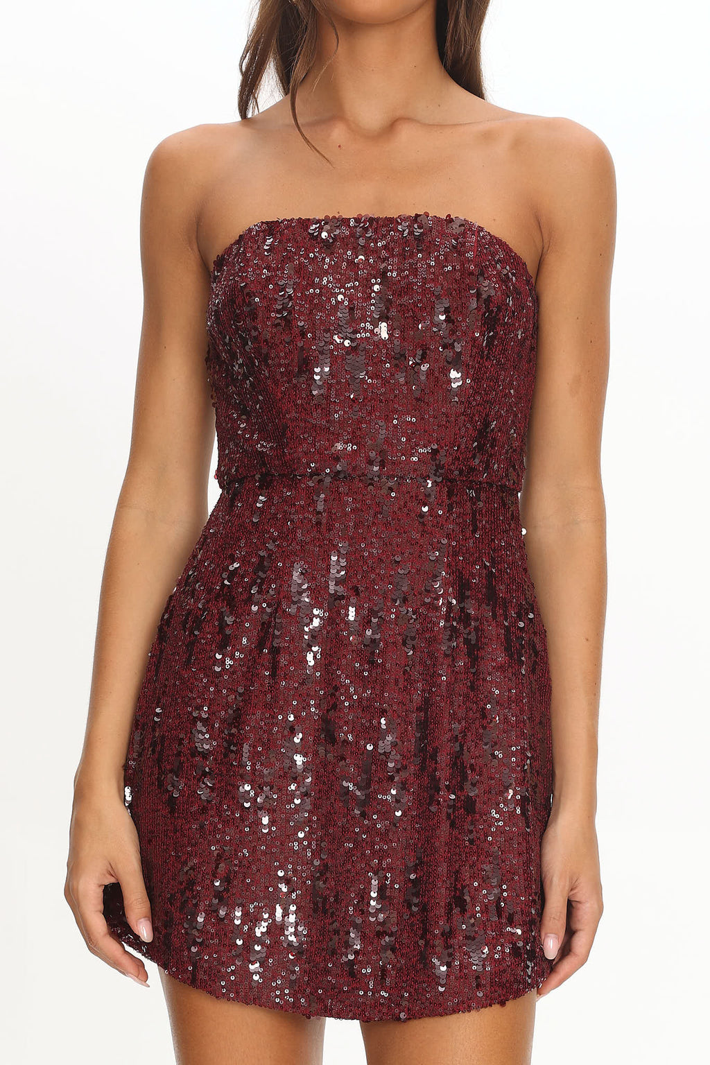 Entered The Chat Strapless Mini Dress Sequin Wine
