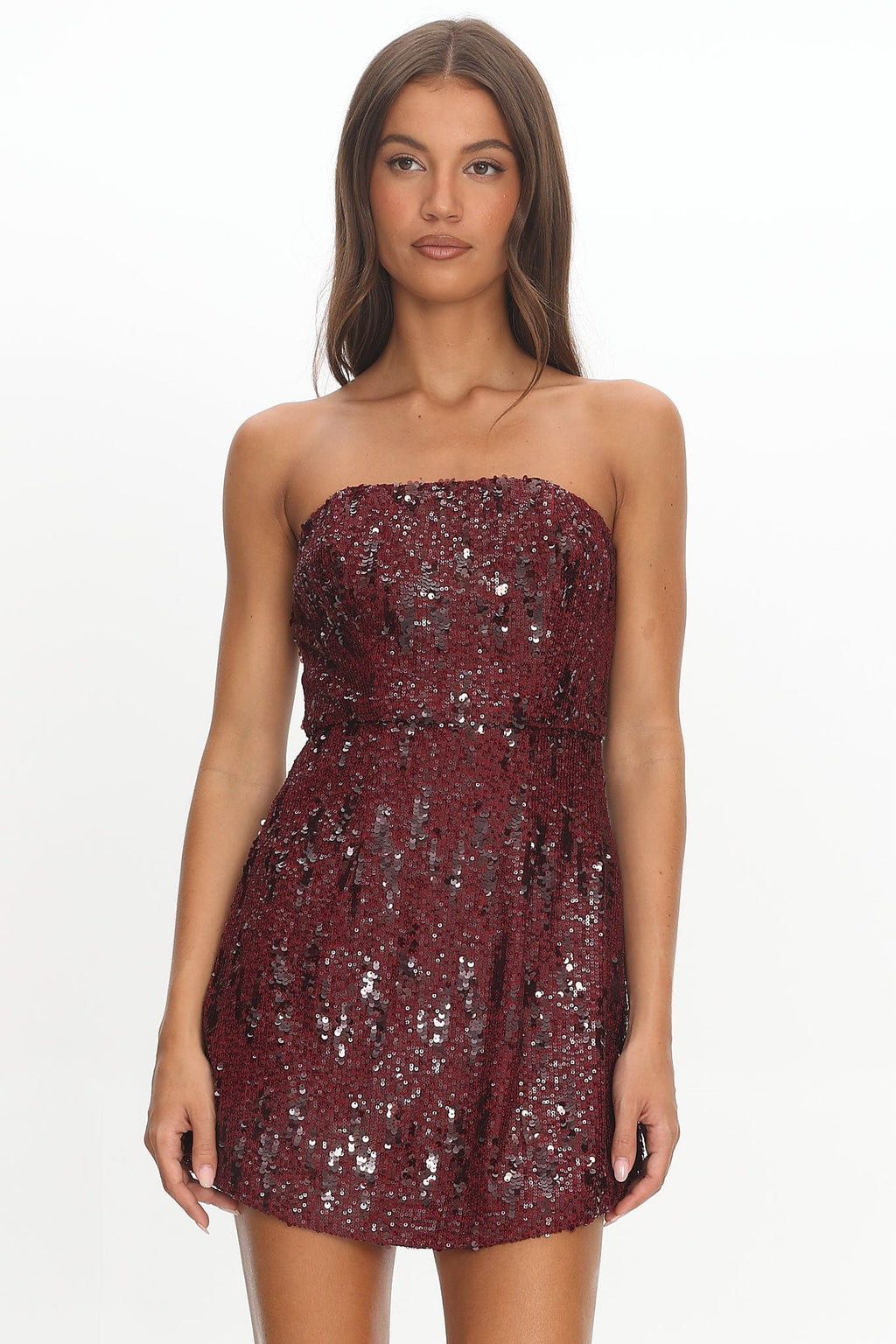 Entered The Chat Strapless Mini Dress Sequin Wine