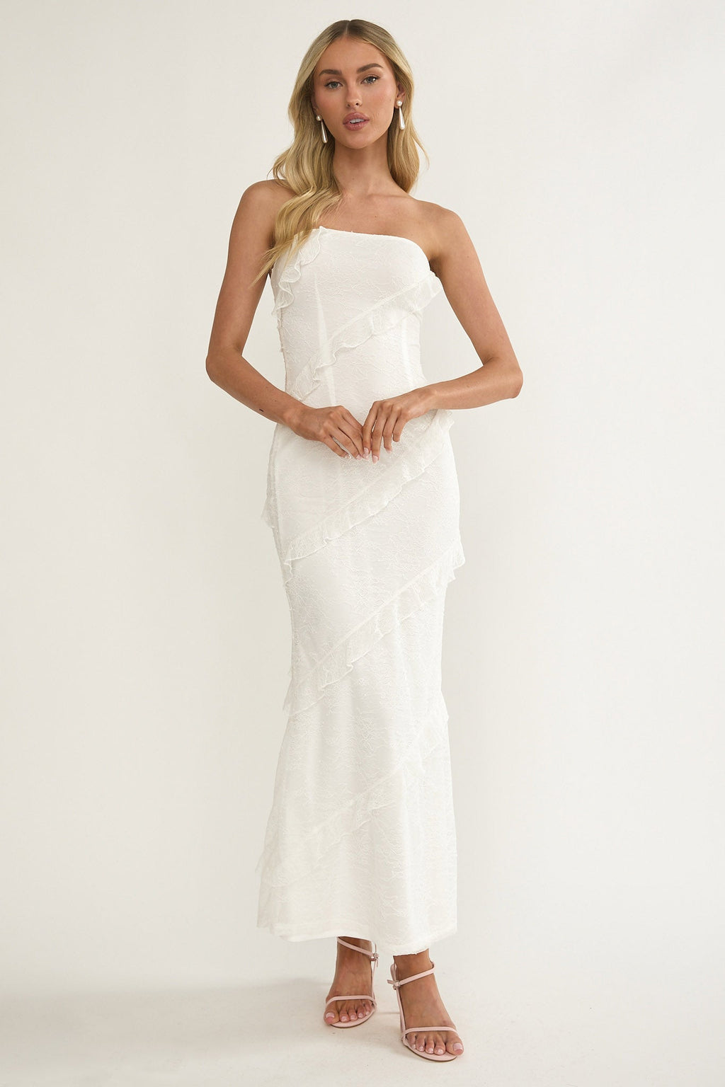 Metrics Strapless Frill Maxi Dress White
