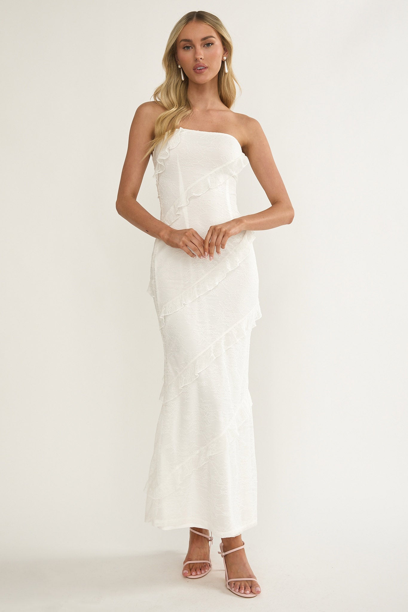 Metrics Strapless Frill Maxi Dress White