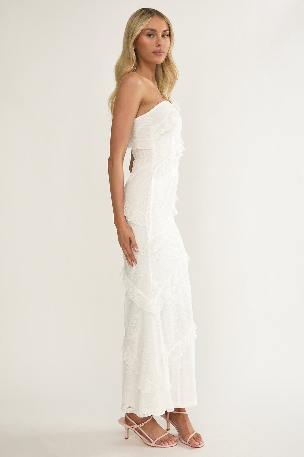 Metrics Strapless Frill Maxi Dress White