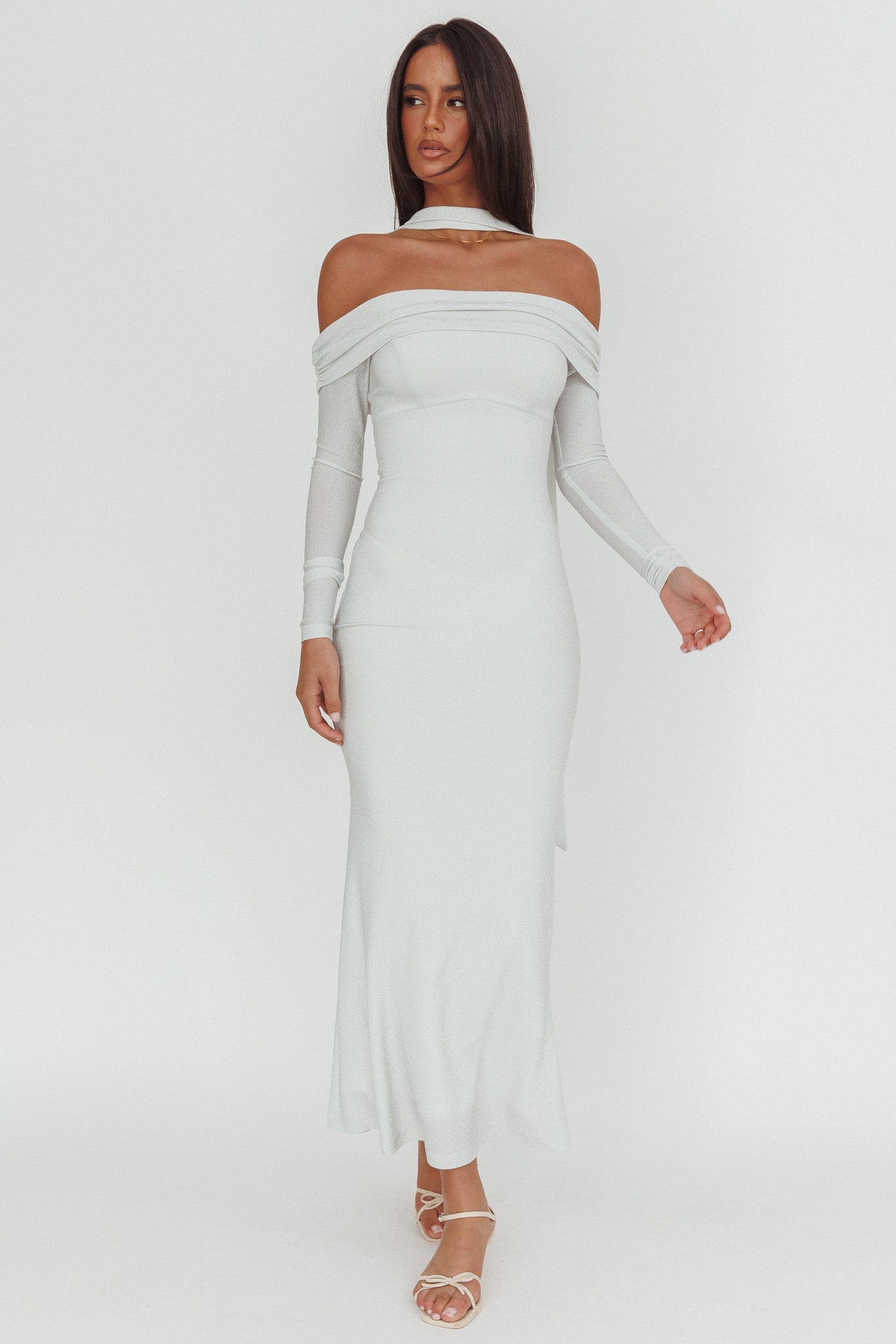 Flutters Off-Shoulder Long Sleeve Maxi Dress White