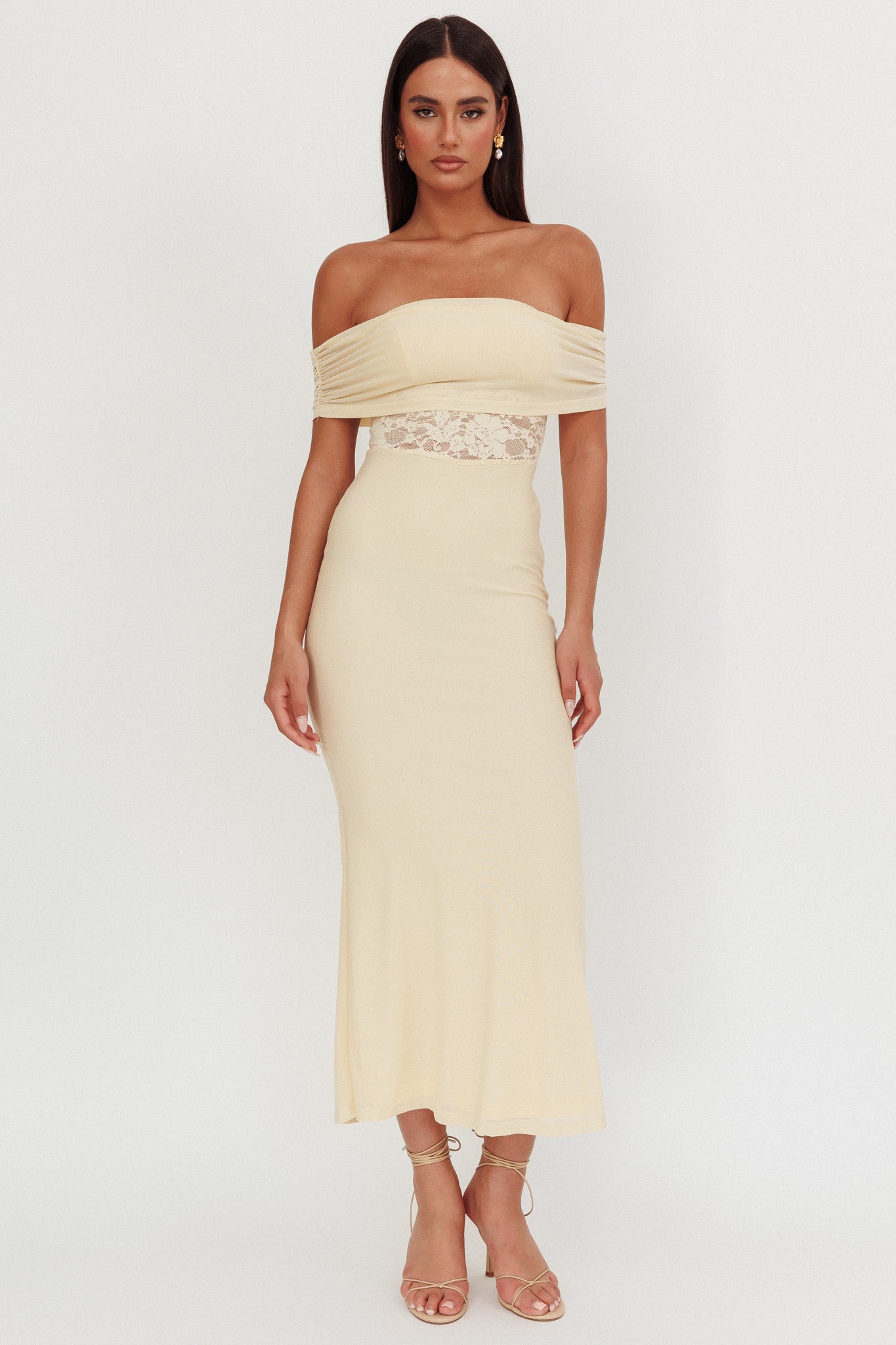 Flutters Off-Shoulder Lace Insert Maxi Dress Cream