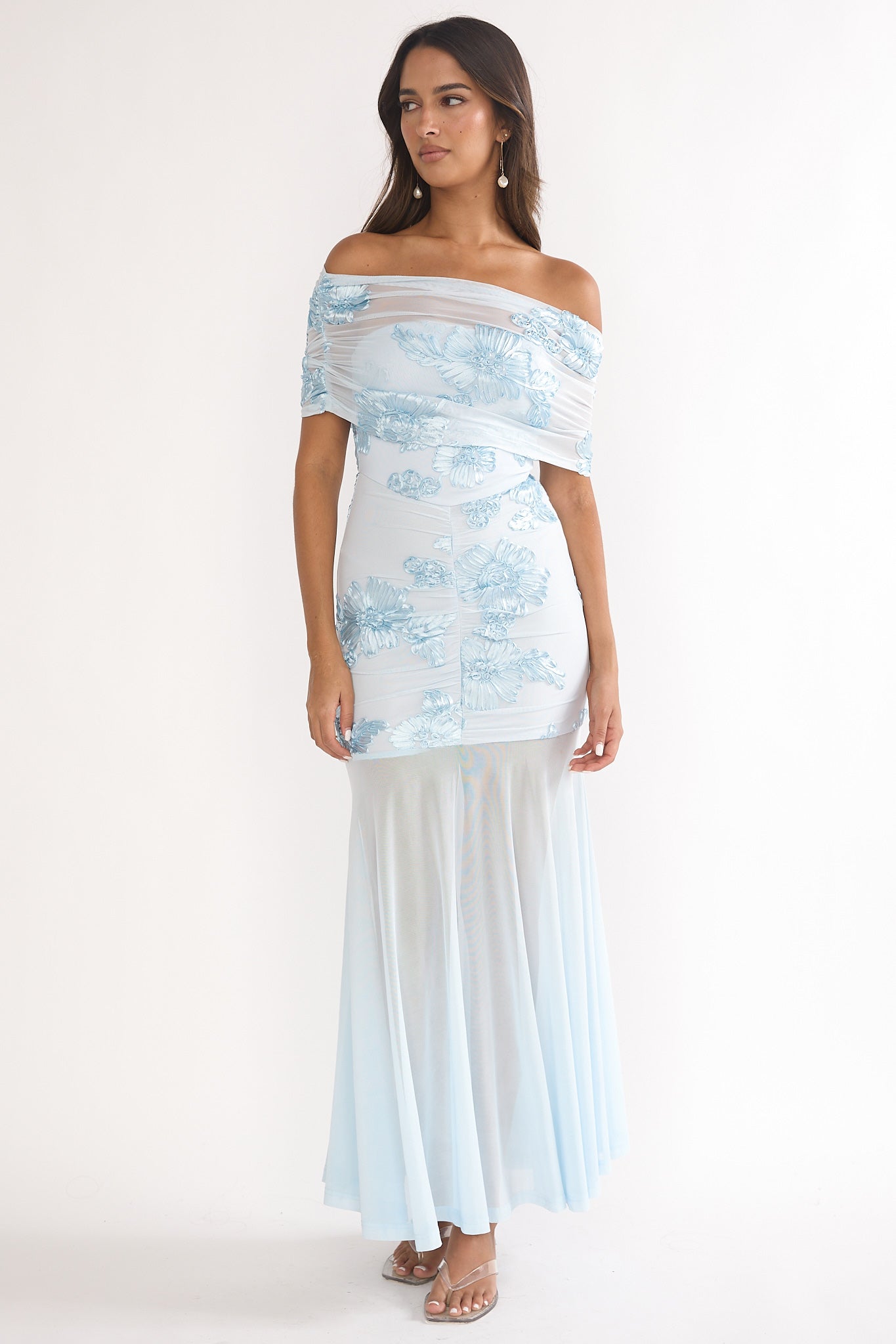 Clarita Sheer Ruched Maxi Dress Embellished Blue