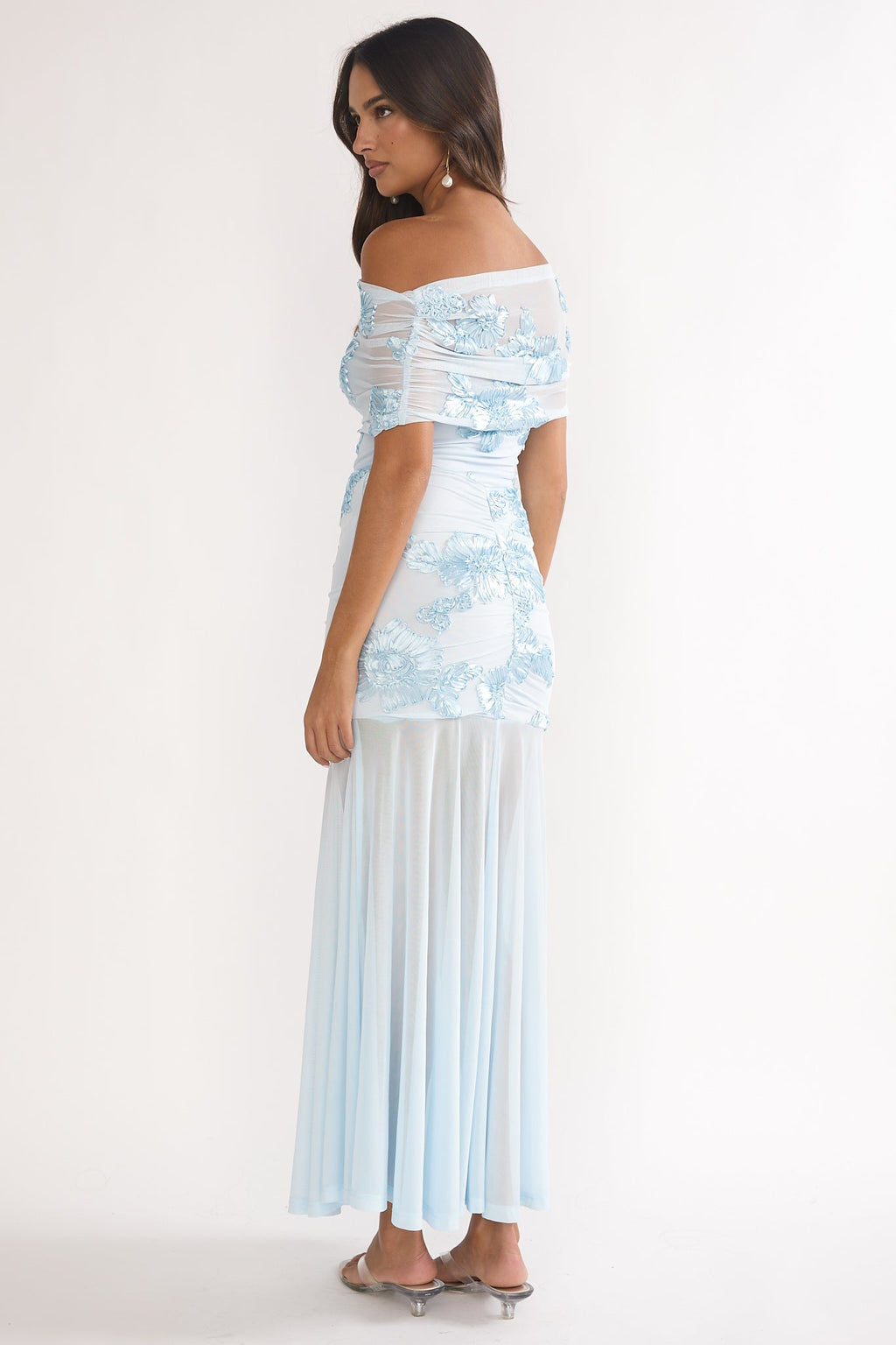 Clarita Sheer Ruched Maxi Dress Embellished Blue