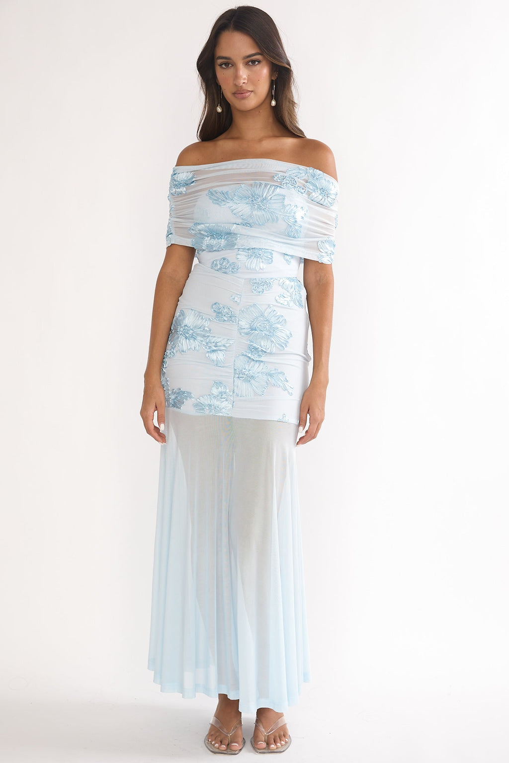 Clarita Sheer Ruched Maxi Dress Embellished Blue