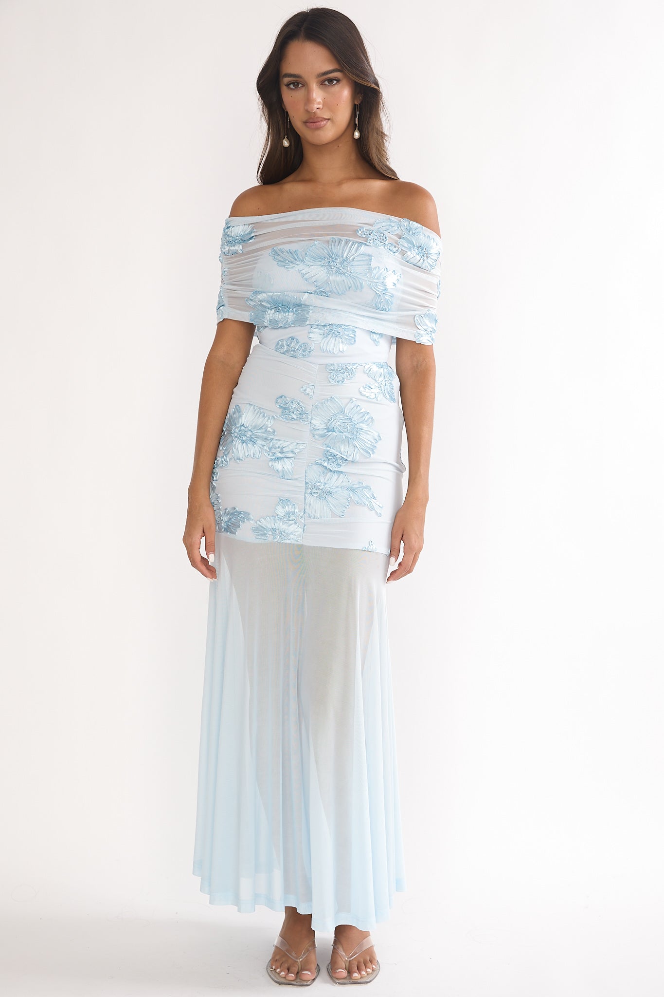 Clarita Sheer Ruched Maxi Dress Embellished Blue