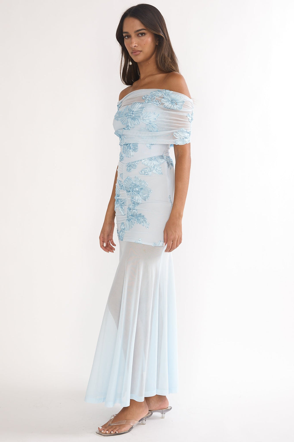 Clarita Sheer Ruched Maxi Dress Embellished Blue