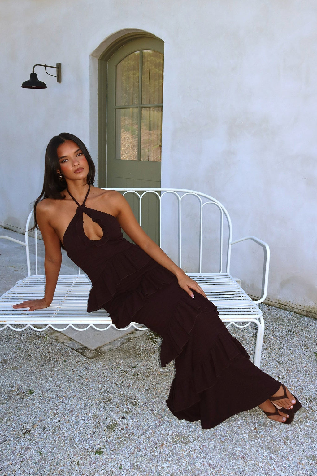Dulce Dreams Halterneck Frill Maxi Dress Chocolate