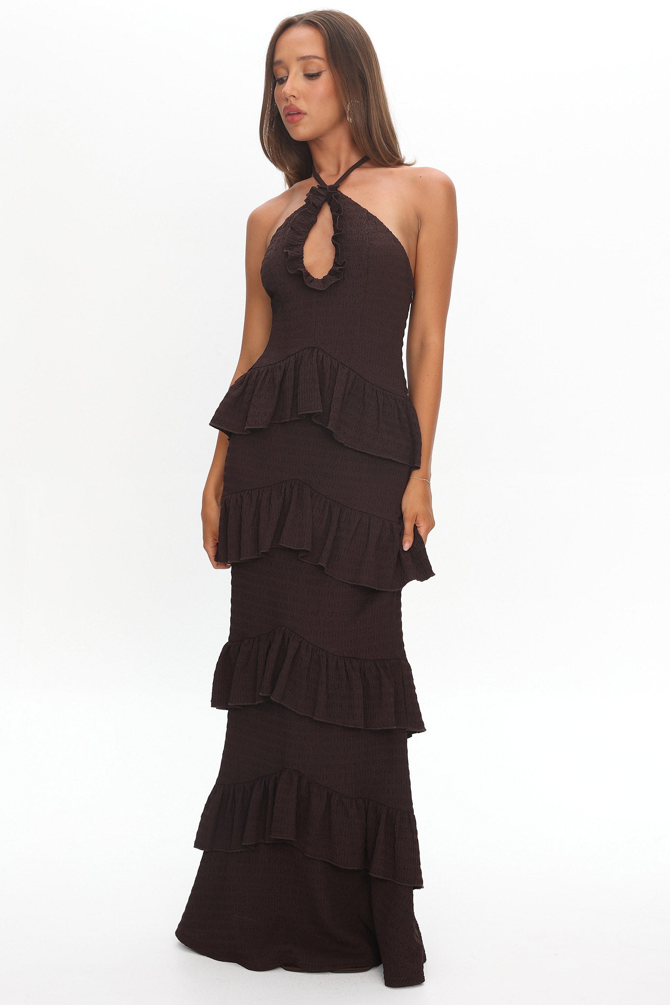 Dulce Dreams Halterneck Frill Maxi Dress Chocolate