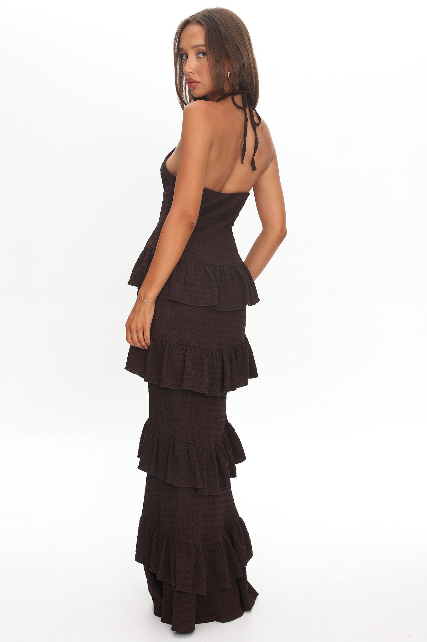 Dulce Dreams Halterneck Frill Maxi Dress Chocolate