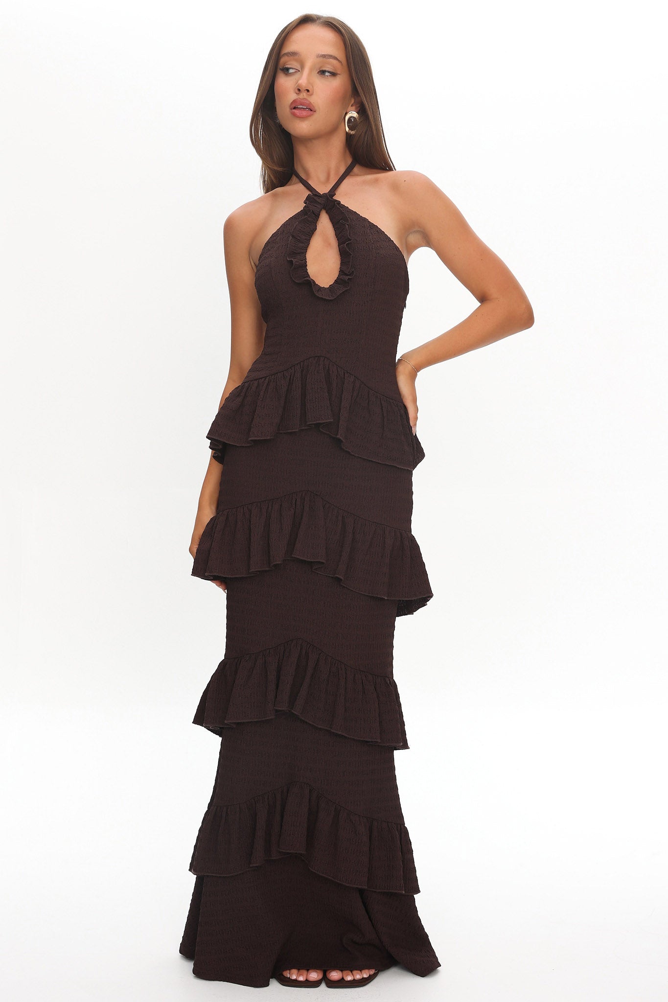 Dulce Dreams Halterneck Frill Maxi Dress Chocolate