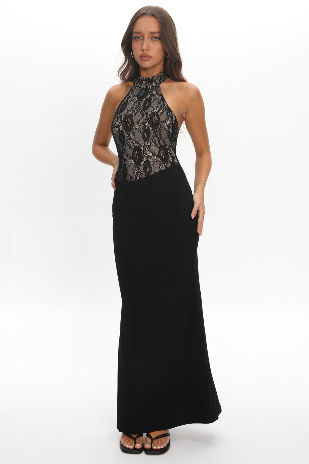 Lovelight Lace Bodice Halter Maxi Dress Black