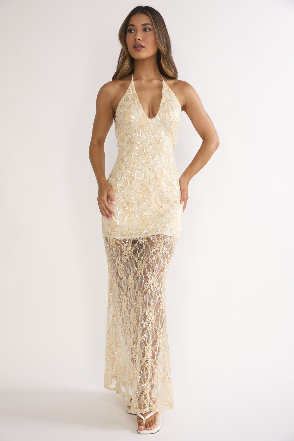 One Night Halterneck Maxi Dress Sequin Butter