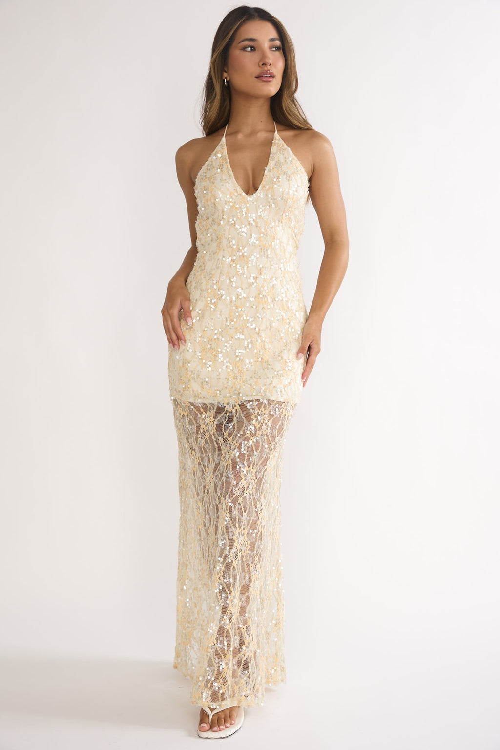 One Night Halterneck Maxi Dress Sequin Butter
