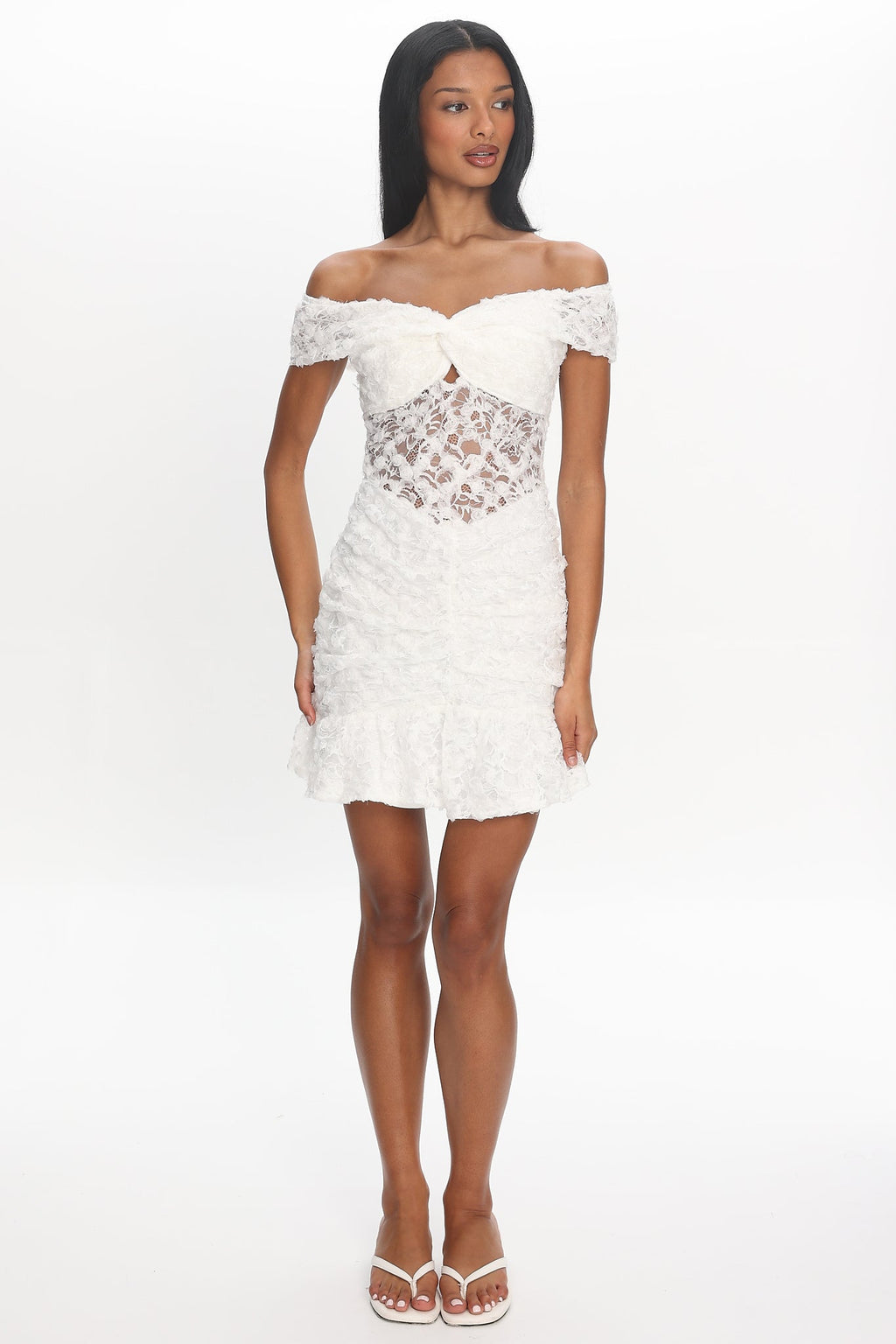 All The Lights Off-Shoulder Lace Mini Dress White