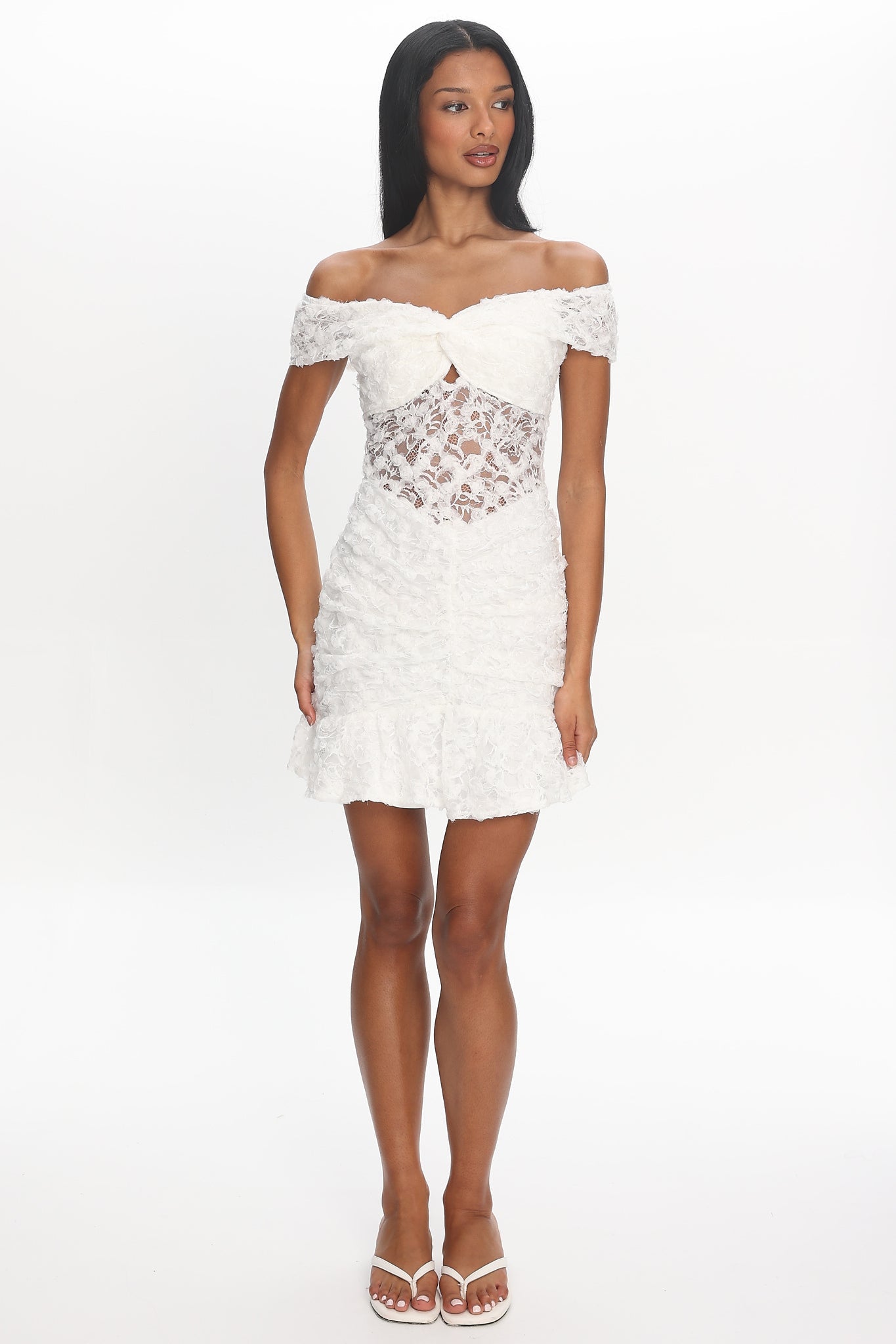 All The Lights Off-Shoulder Lace Mini Dress White