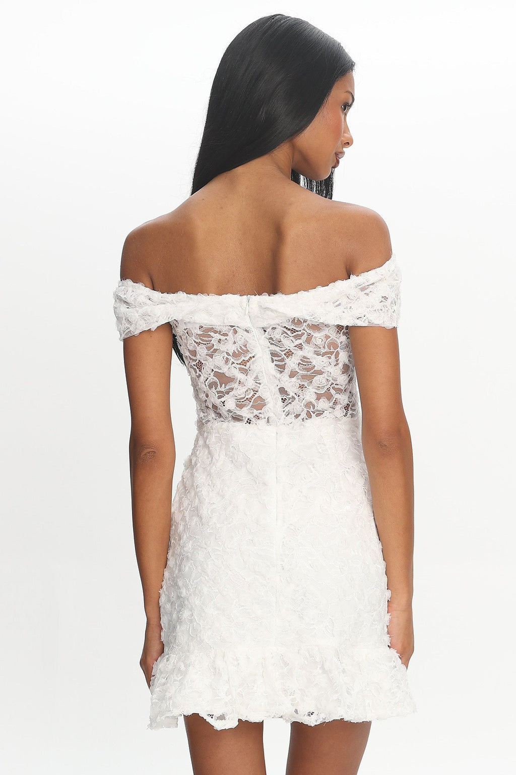 All The Lights Off-Shoulder Lace Mini Dress White