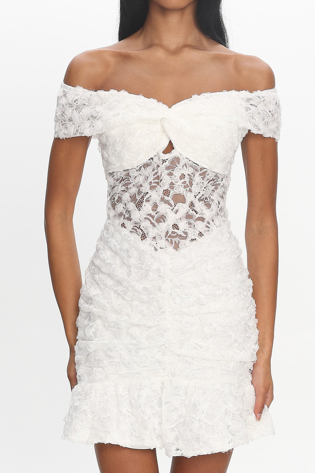 All The Lights Off-Shoulder Lace Mini Dress White