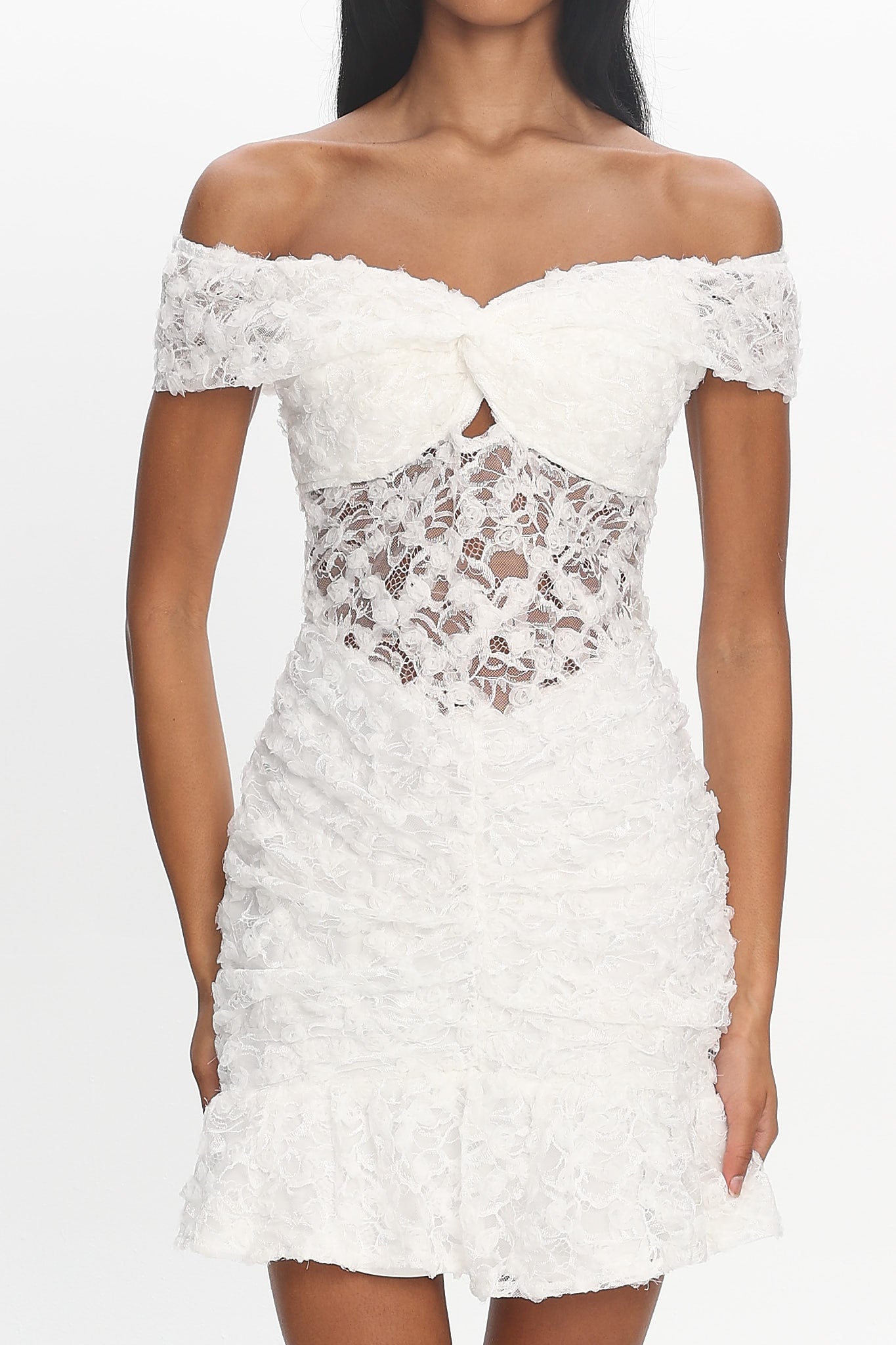 All The Lights Off-Shoulder Lace Mini Dress White
