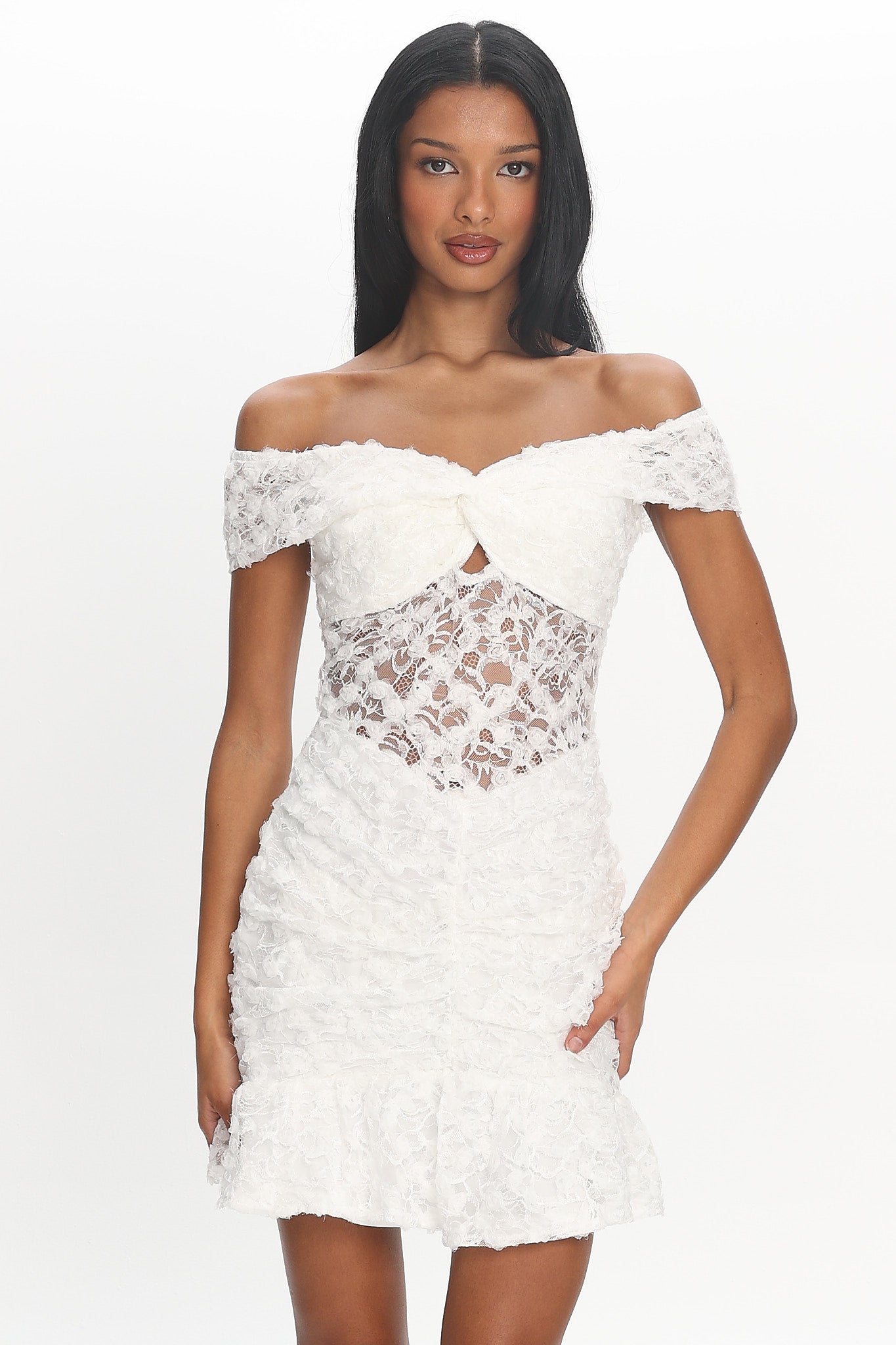 All The Lights Off-Shoulder Lace Mini Dress White