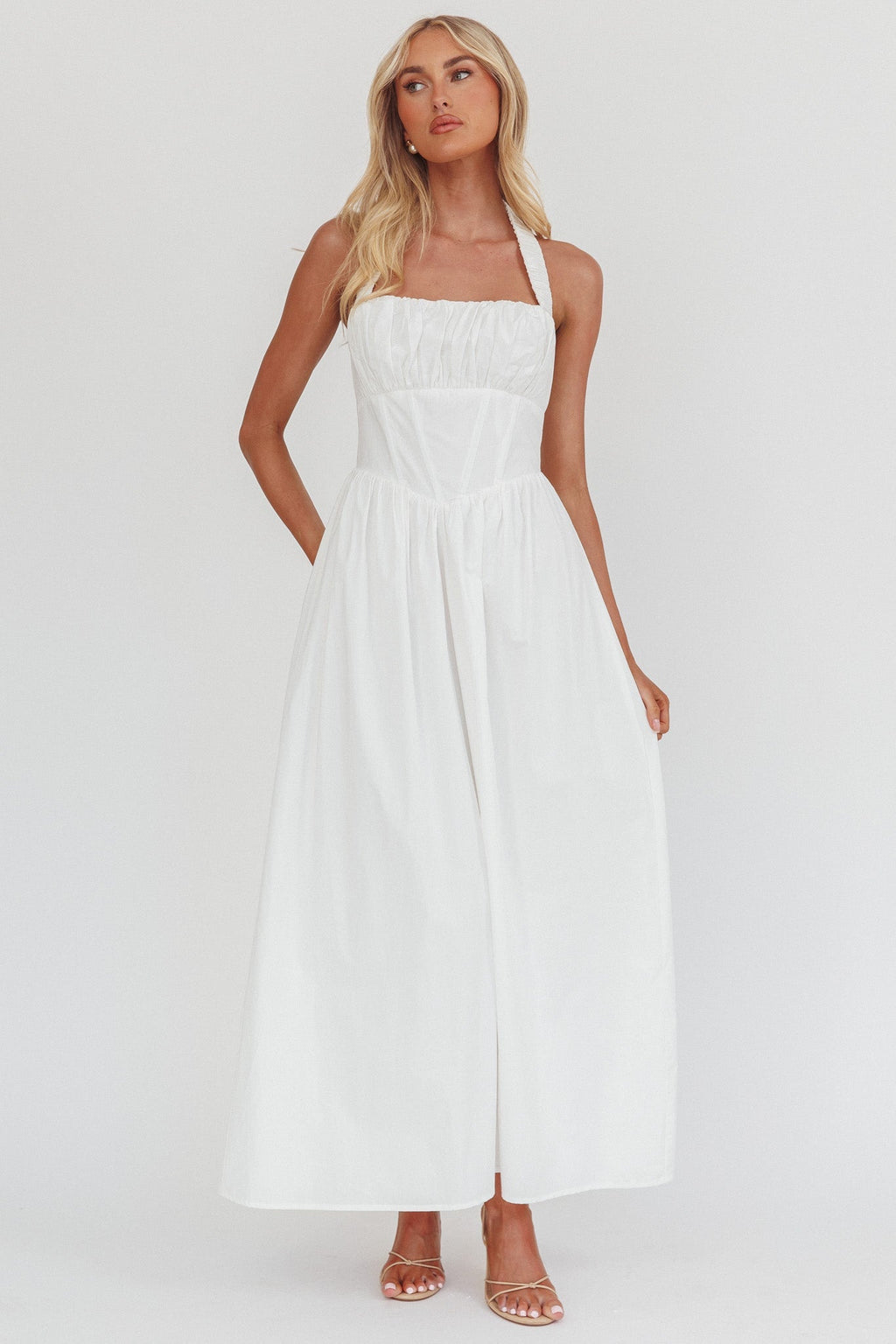 Irisa Elasticated Halter Maxi Dress White