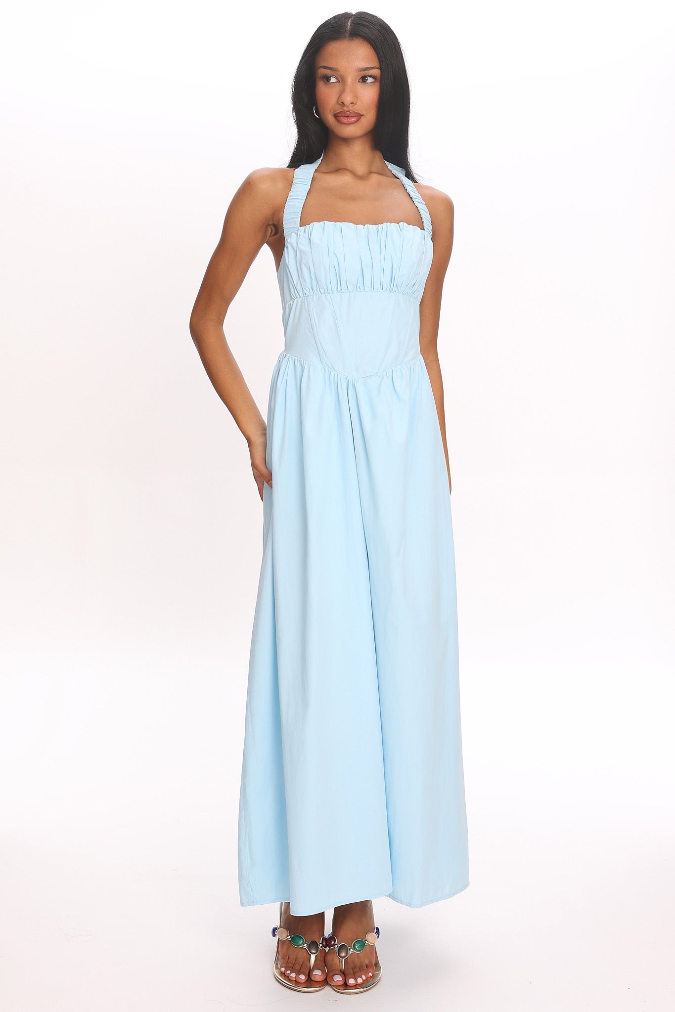 Irisa Elasticated Halter Maxi Dress Ice Blue