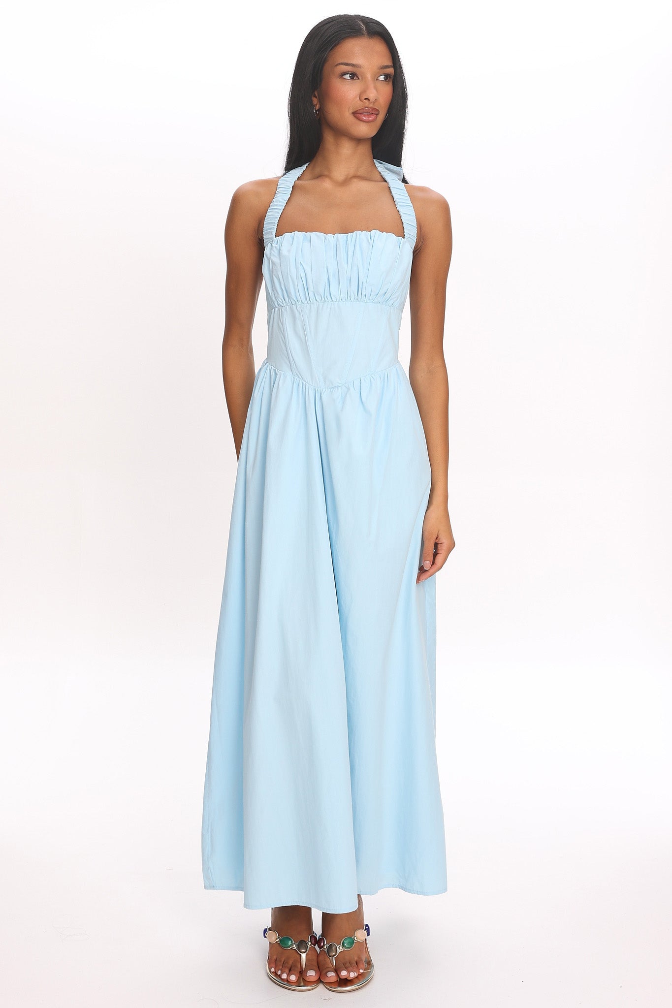 Irisa Elasticated Halter Maxi Dress Ice Blue