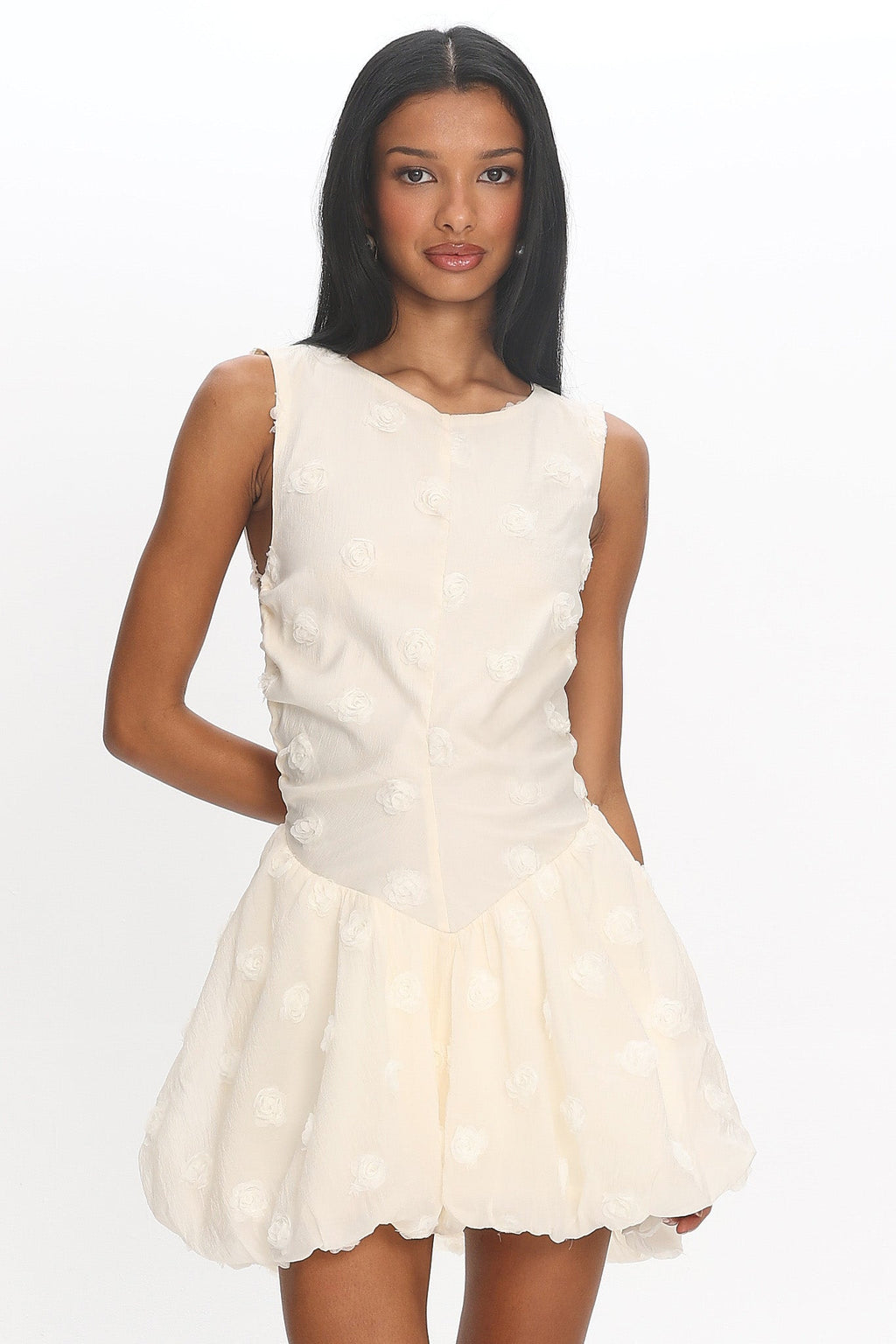 Tealy Cut-Out Back Bubble Mini Dress Cream