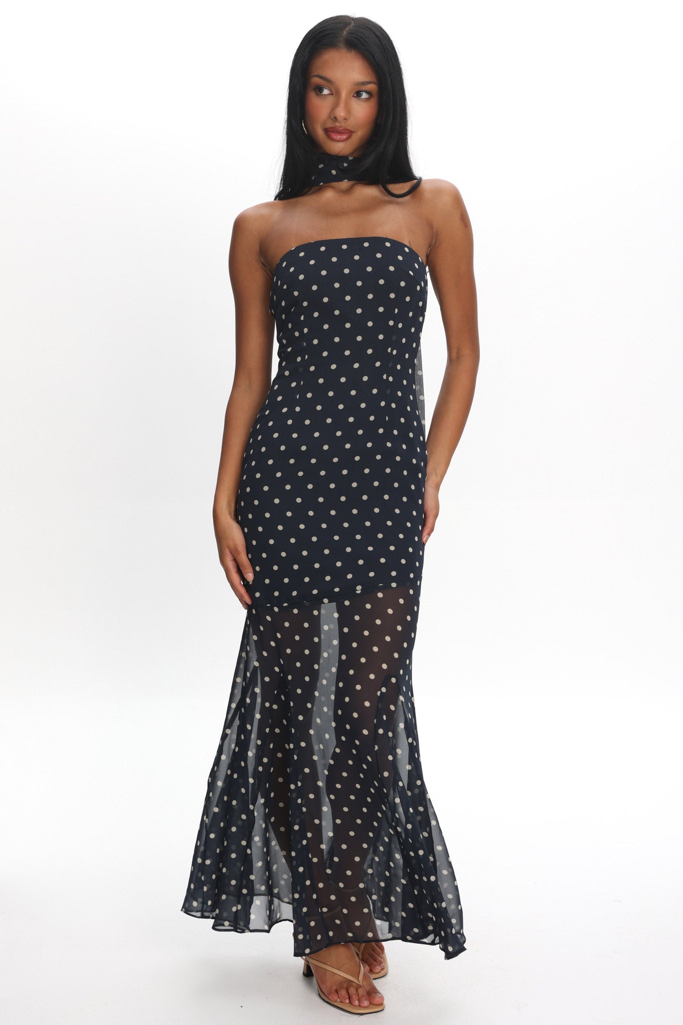 Calluna Strapless Sheer Godet Hem Maxi Dress Print Navy