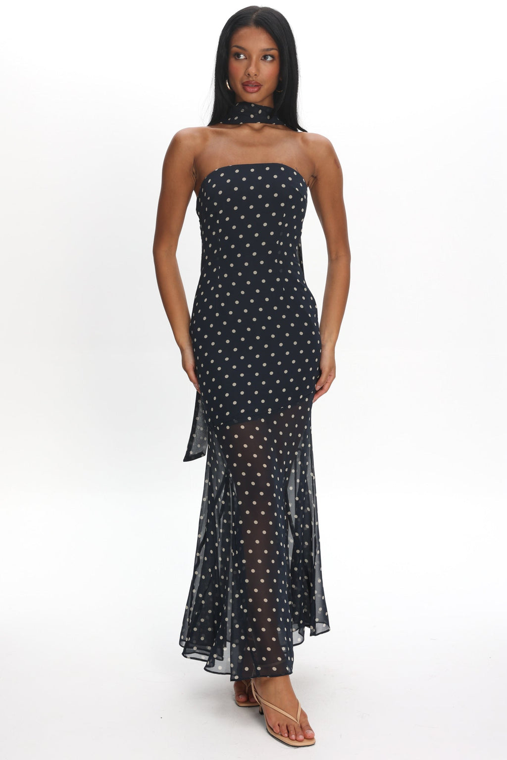 Calluna Strapless Sheer Godet Hem Maxi Dress Print Navy