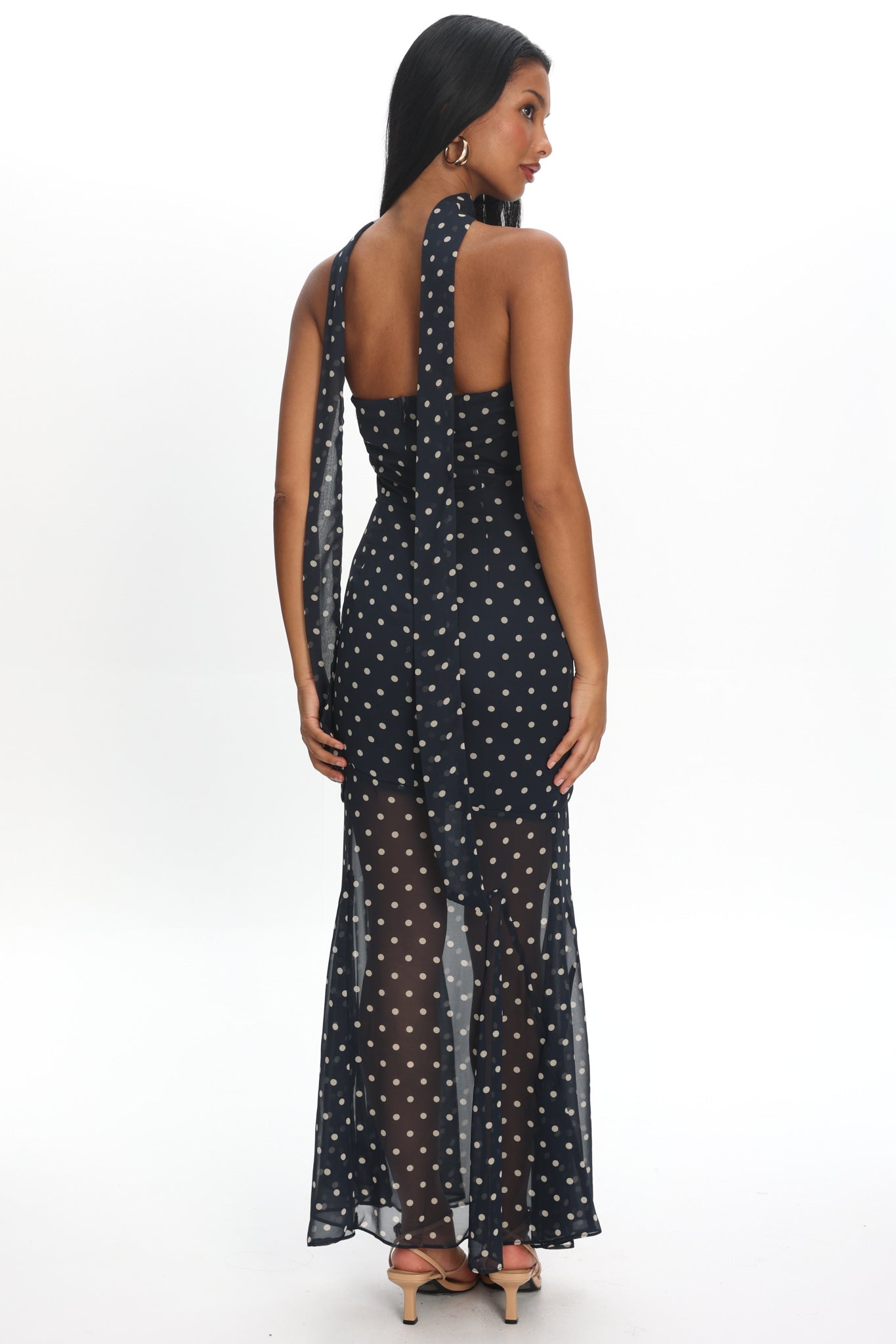 Calluna Strapless Sheer Godet Hem Maxi Dress Print Navy
