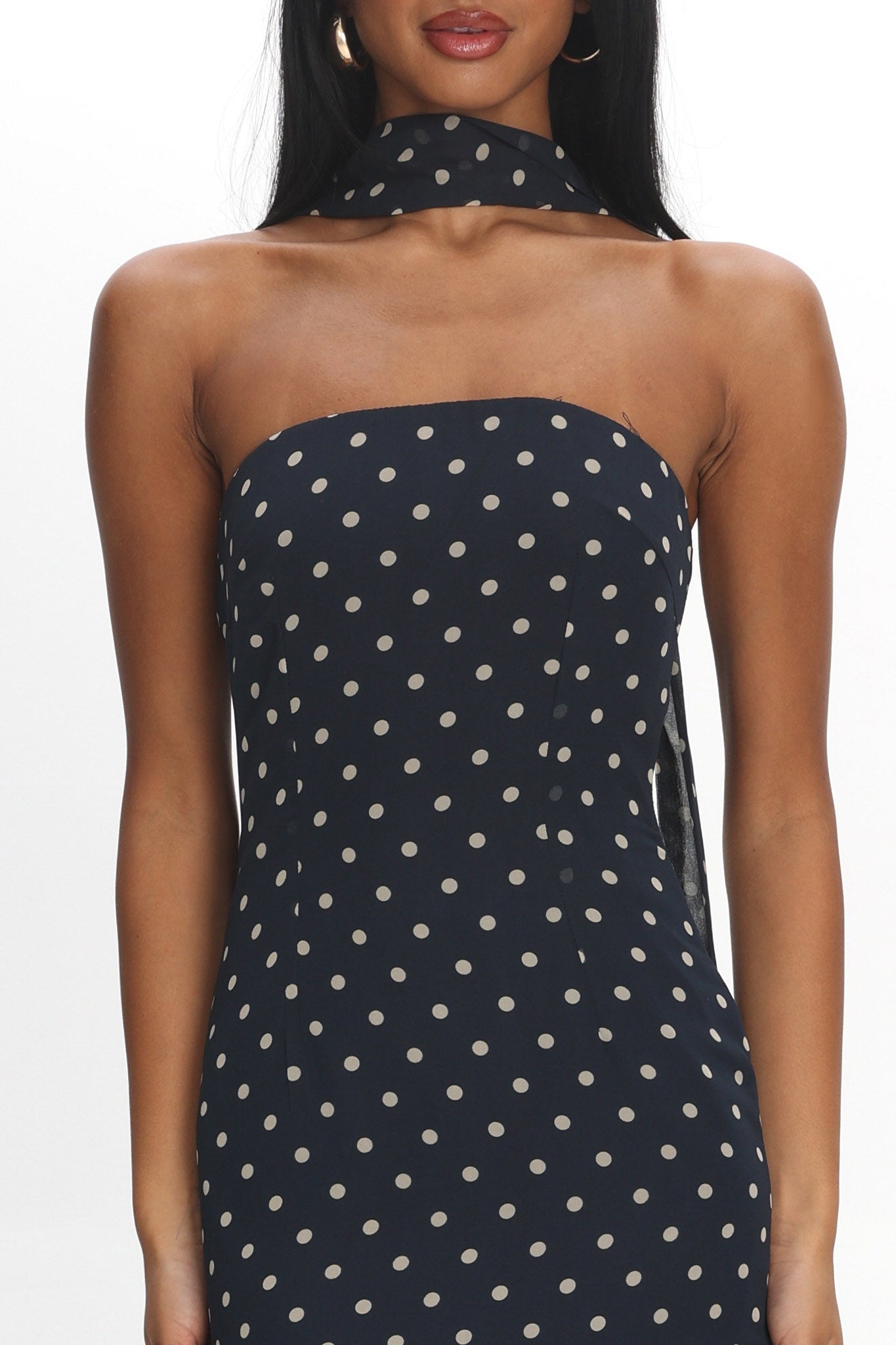 Calluna Strapless Sheer Godet Hem Maxi Dress Print Navy
