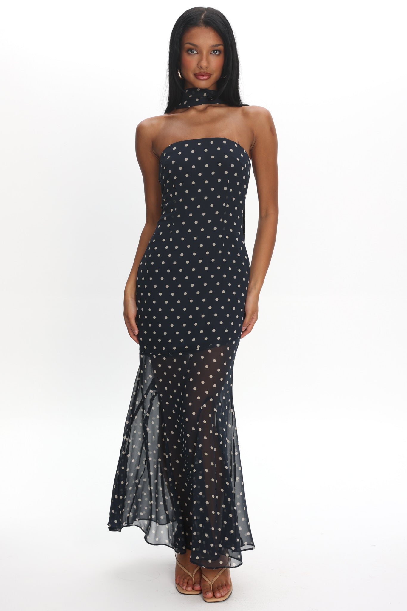 Calluna Strapless Sheer Godet Hem Maxi Dress Print Navy