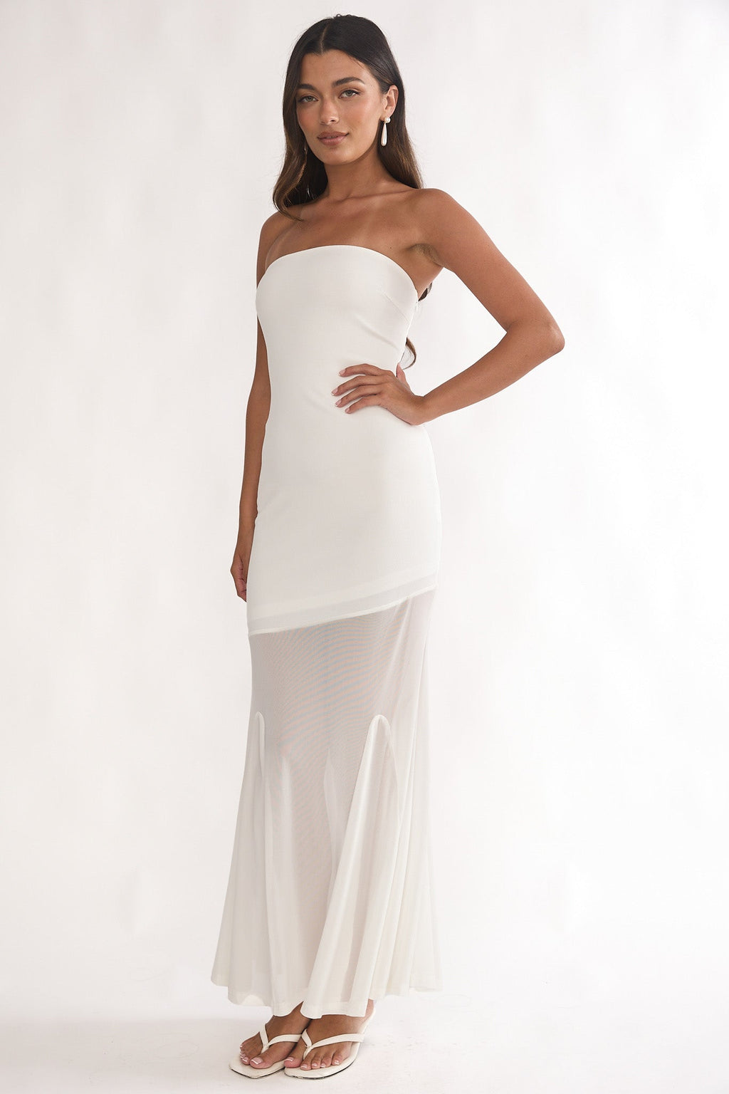 Calluna Strapless Sheer Godet Hem Maxi Dress White